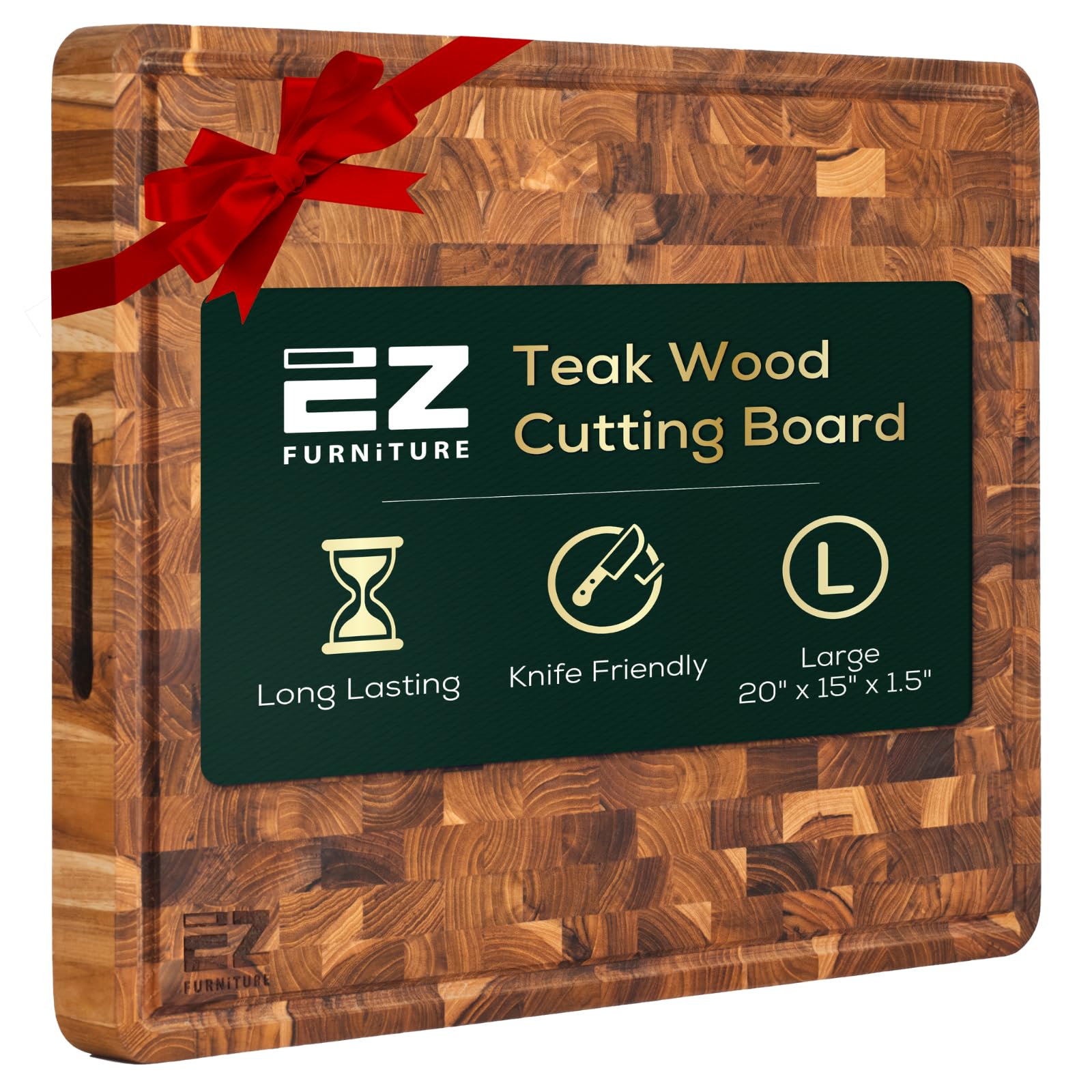EZ FURNITURE 20 x 15 Inch Large Teak Wood Cutting Board, End Grain with Juice Groove and Handles, Knife Friendly, Reversible, Suitable for Chopping Meat, Vegetables, Aesthetics for The Kitchen