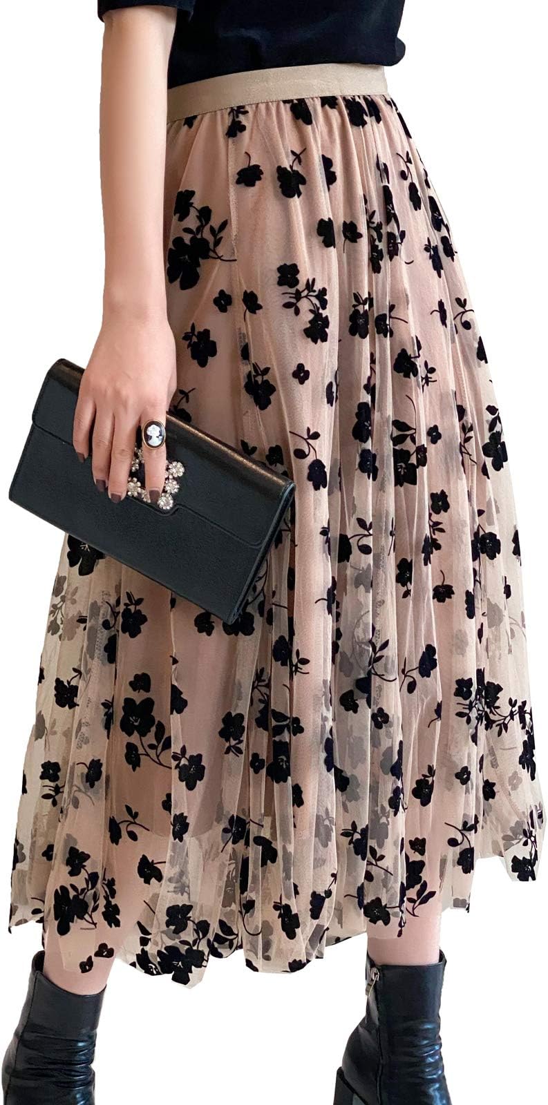 Women Tutu Tulle Skirt Elastic High Waist Layered Skirt Floral Print Mesh A-Line Midi Skirt