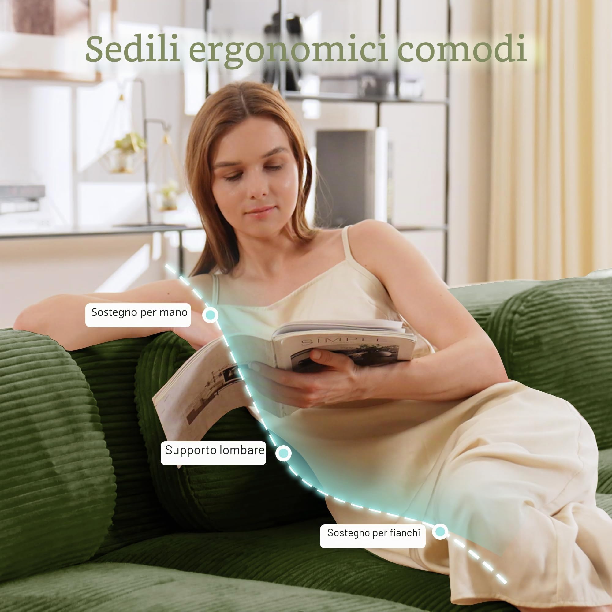 Divano a 2 Posti in Velluto a Coste, Senza ossa, Componibile Modulare Sofà con Chaise Longue, Braccioli Curvati, Imbottitura in Schiuma Altamente Elastica per Soggiorno e Camera da letto,Verde