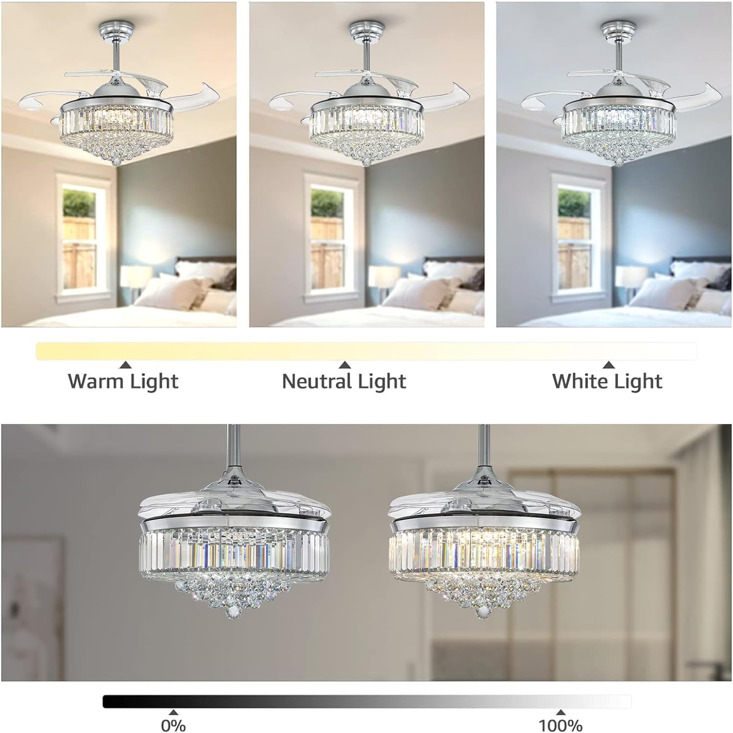 Three images showing the fan's light in warm, neutral, and white light settings, and a slider for dimming from 0% to 100%.