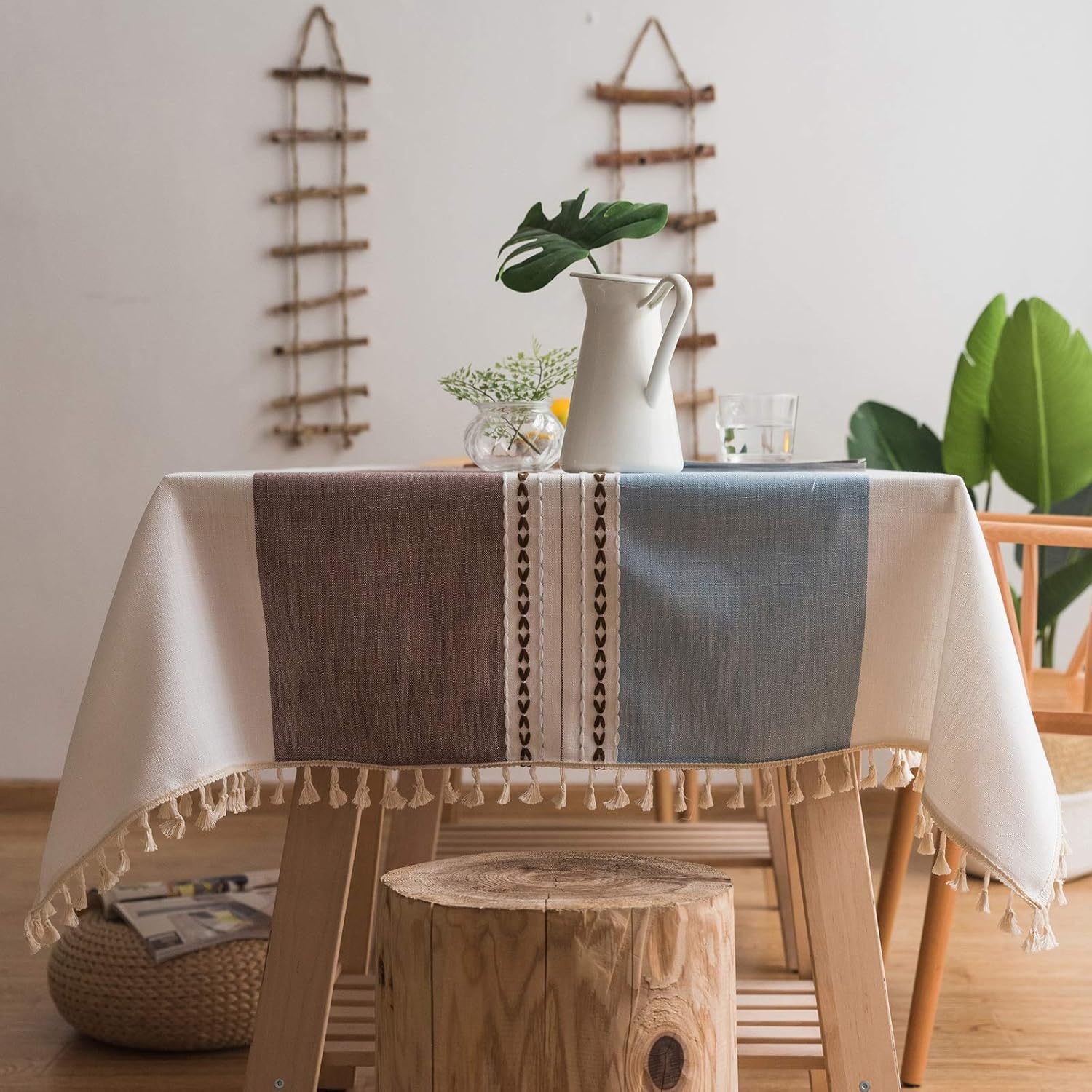 Daesar Holiday Table Clothes Rectangular 40x55 inch Tablecloth Linen Rectangle Embroidered Straight Line Lace Rectangular Tablecloth Cotton Coffee Blue
