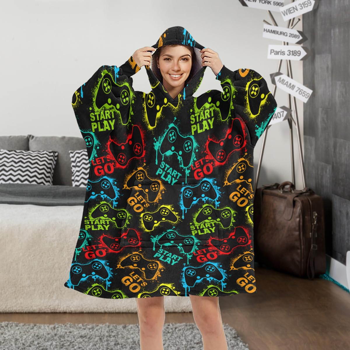 Sleepwish Teen Boys Game Hoodie Wearable Blanket Sweatshirt for Boys Men Adult and Kids Hoodie Blanket Neon Gamer Slogan Hooded Blanket with Sleeves and Giant Pocket (Kids 54