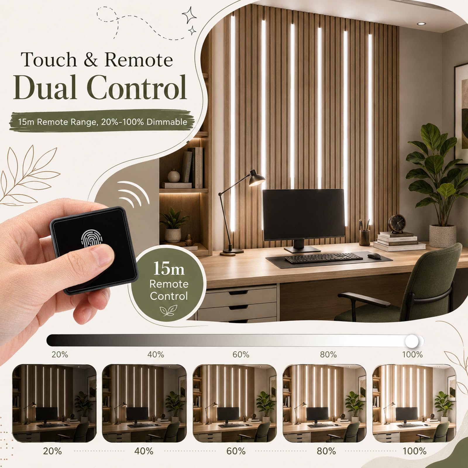 éclairage Pour Panneaux Acoustiques, Intensité Variable Sécable Avec Bande LED Intégrée 6 X 90cm Blanc Froid Et Capteur Tactile Installation Facile Pour Panneaux Acoustiques (6 Bandes)