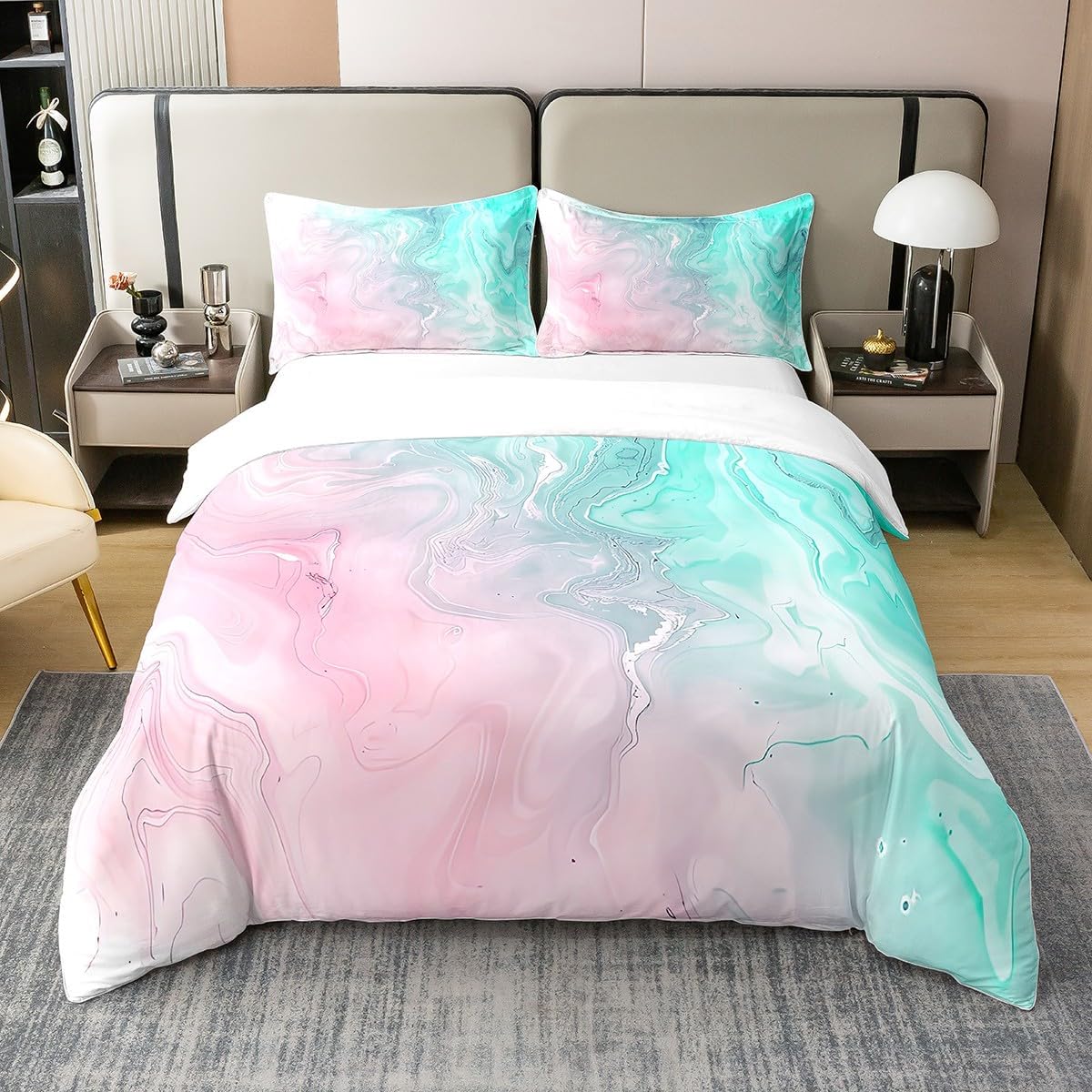 Erosebridal 100% Organic Cotton Liquid Marble Bedding Set Modern Pastel Pink Teal Duvet Cover Girly Abstract Watercolor Comforter Cover for Kid Teen Girl, Full Size