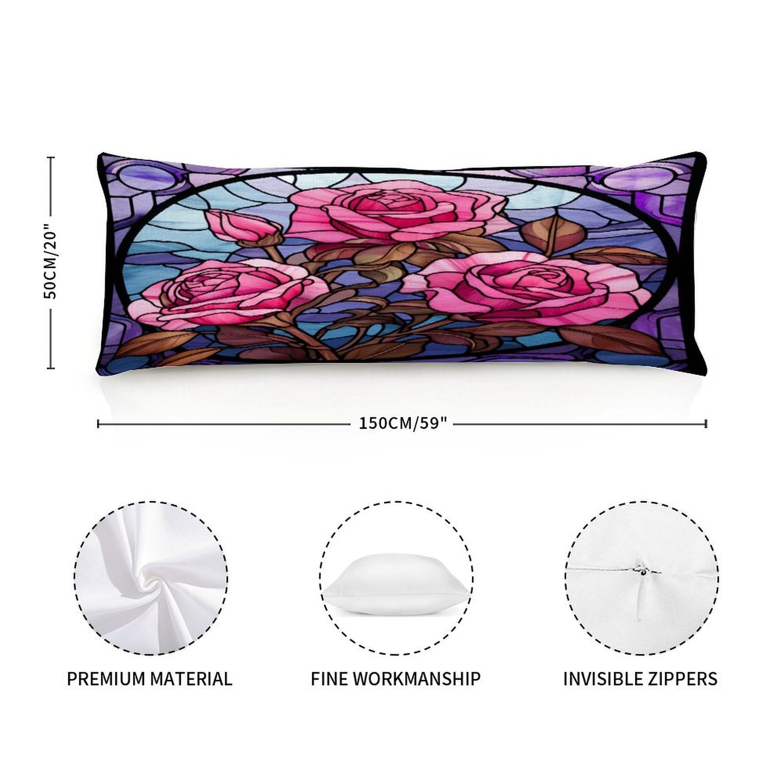 Rebbygena Valentine's Day Red Pink Rose Floral Stained Glass Decorative Long Body Pillow Cushion Cover Case for Adults Girls 20x59in,Long Throw Body Pillow Cover for Hotel Home Bed Living Room Decor