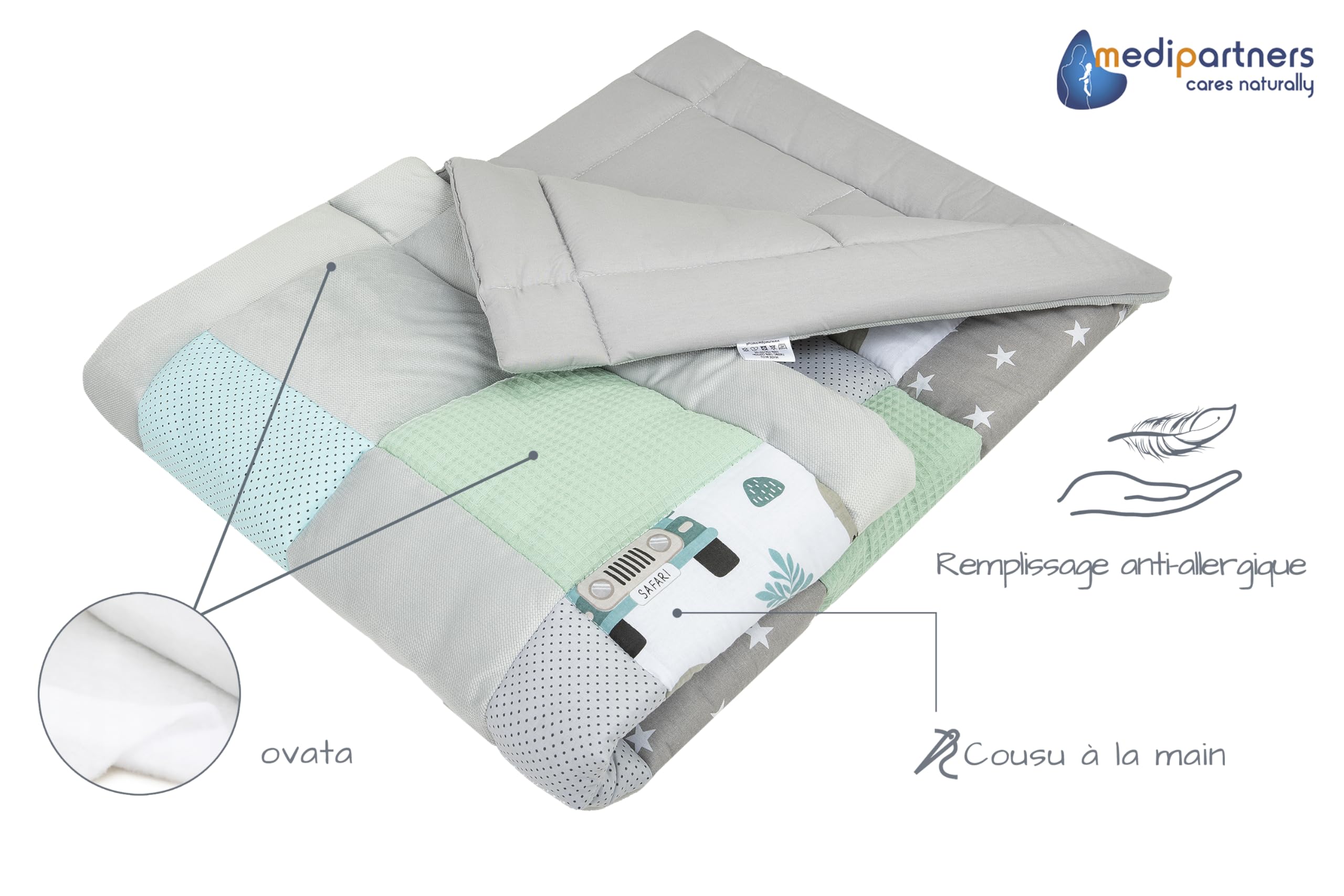 Medi Partners Tapis d'éveil Bebe de sol Motricité bébé parc Enfant jeux 120x120cm - 100% Coton Couverture Naissance pliable Multifonctionnel Mat Épais Doux Eveil Oeko-Tex (Zoo de la menthe) - 5