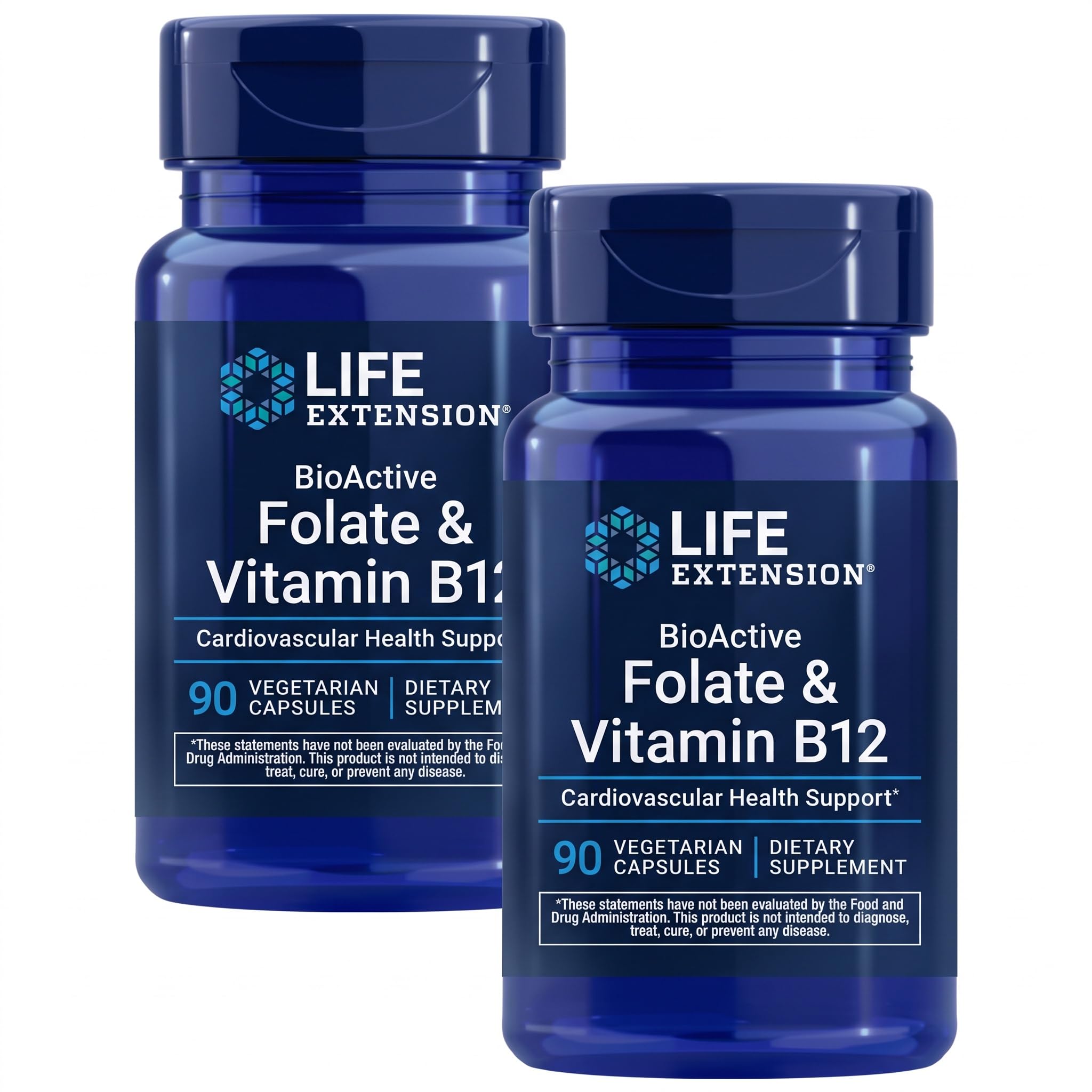 Life Extension BioActive Folate &amp; Vitamin B12,Promotes Heart,Brain &amp; GI Tract Health,Non-GMO,Gluten-Free,Vegetarian,90 Capsules,(Pack of 2)