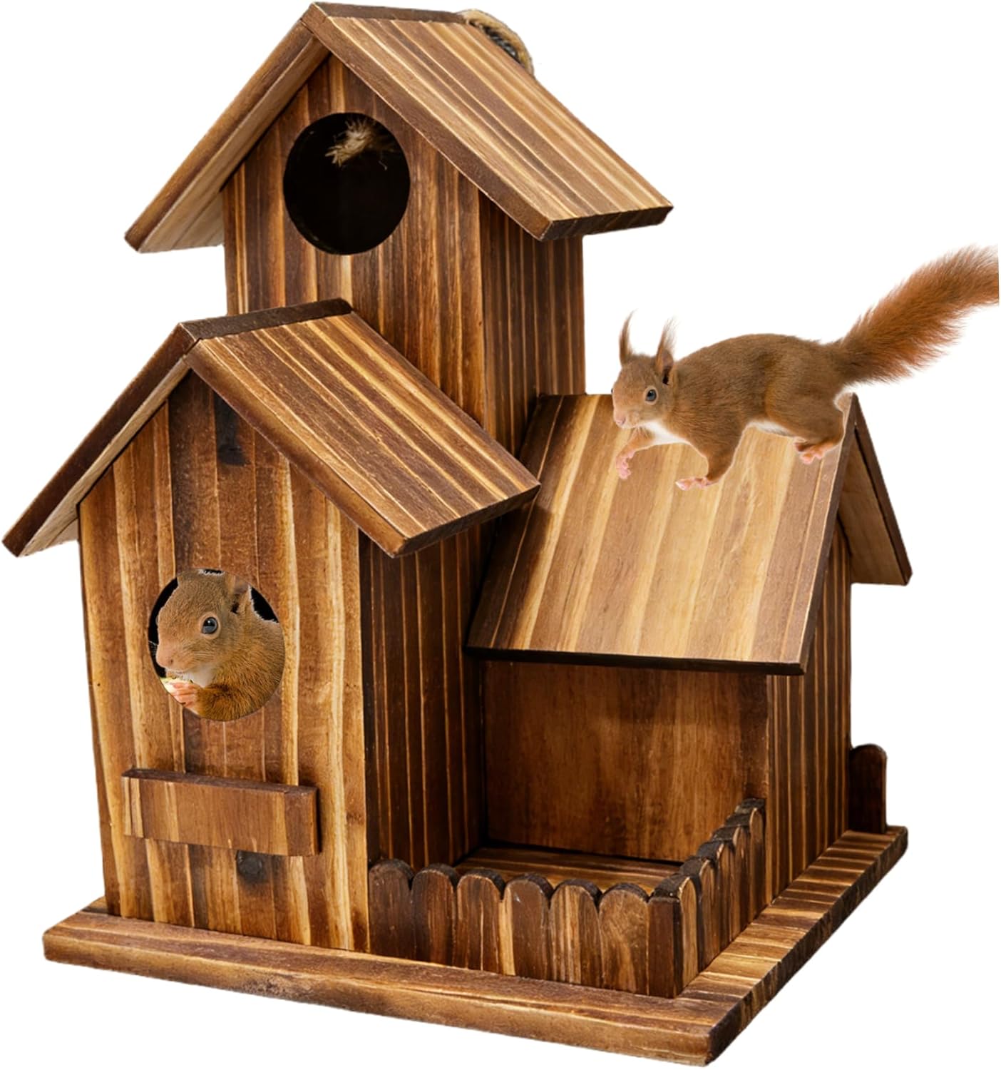 Squirrels Feeders for Outdoors Wooden Burnt Wood Color Squirrels Feeder with Flexible Roof Feeder Chipmunk Feeders Chipmunk for Garden Backyard.