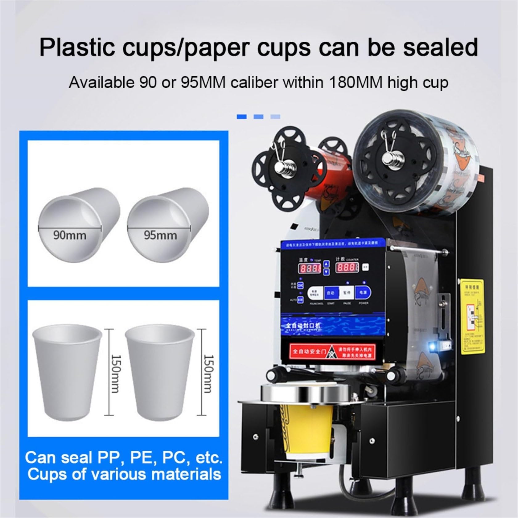 Sellador al vacío totalmente automático de 480 W, sellador de sobremesa/sellador de vasos de plástico, máquina de té con burbujas, 500-650 tazas/h para sellador de batidos de café, té con leche con