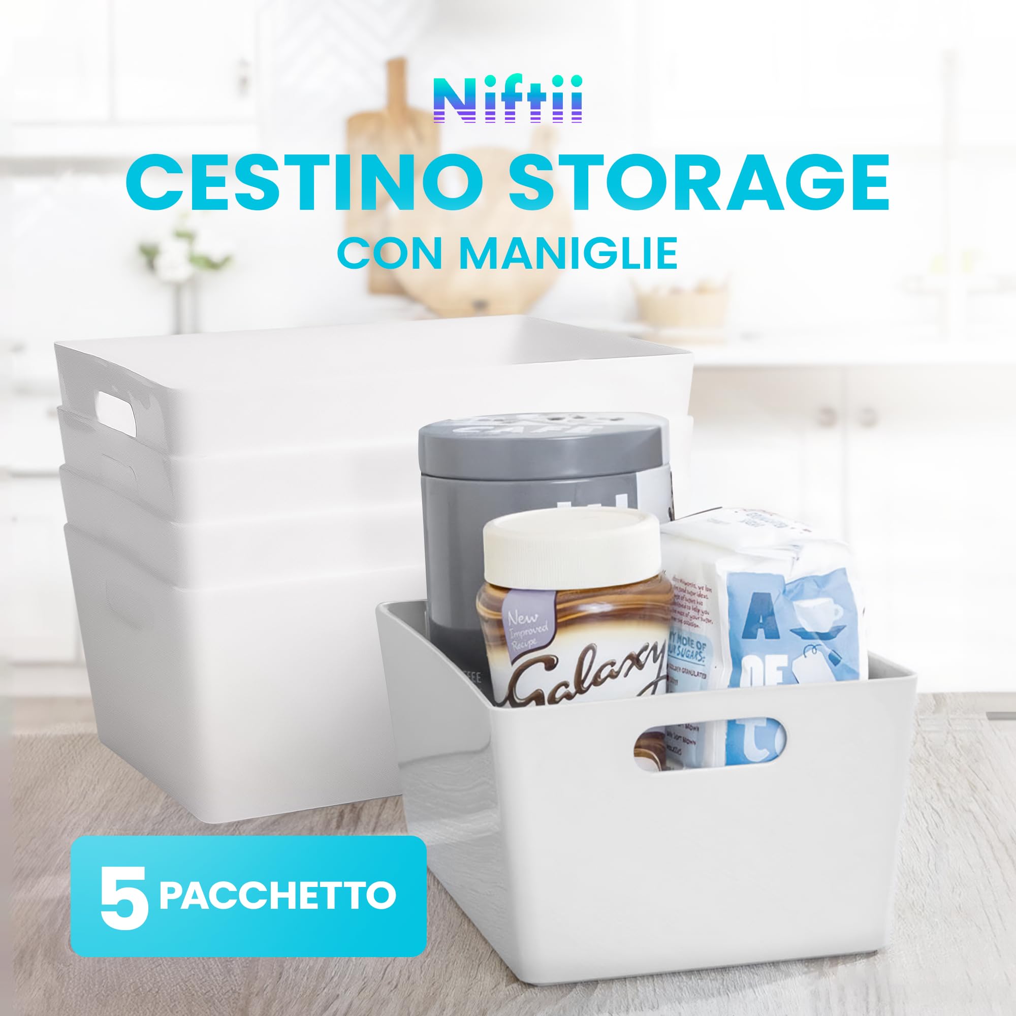 Niftii Set 5 Cestini Portaoggetti in Plastica - Contenitori Rettangolari con Manici per Cucina e Casa - Bianco