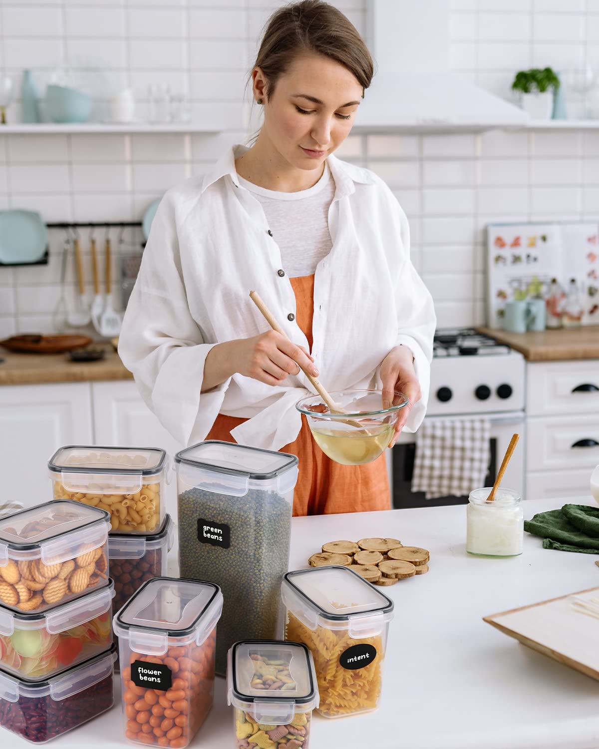 Contenitori Alimentari per Cereali Set 25 Pezzi Contenitori Ermetici Alimentari Plastica Senza BPA con Coperchio Etichette e Cucchiai per la Conservazione di Cereali,Muesli,Farina 2.8L 2L 1.4L 0.8L