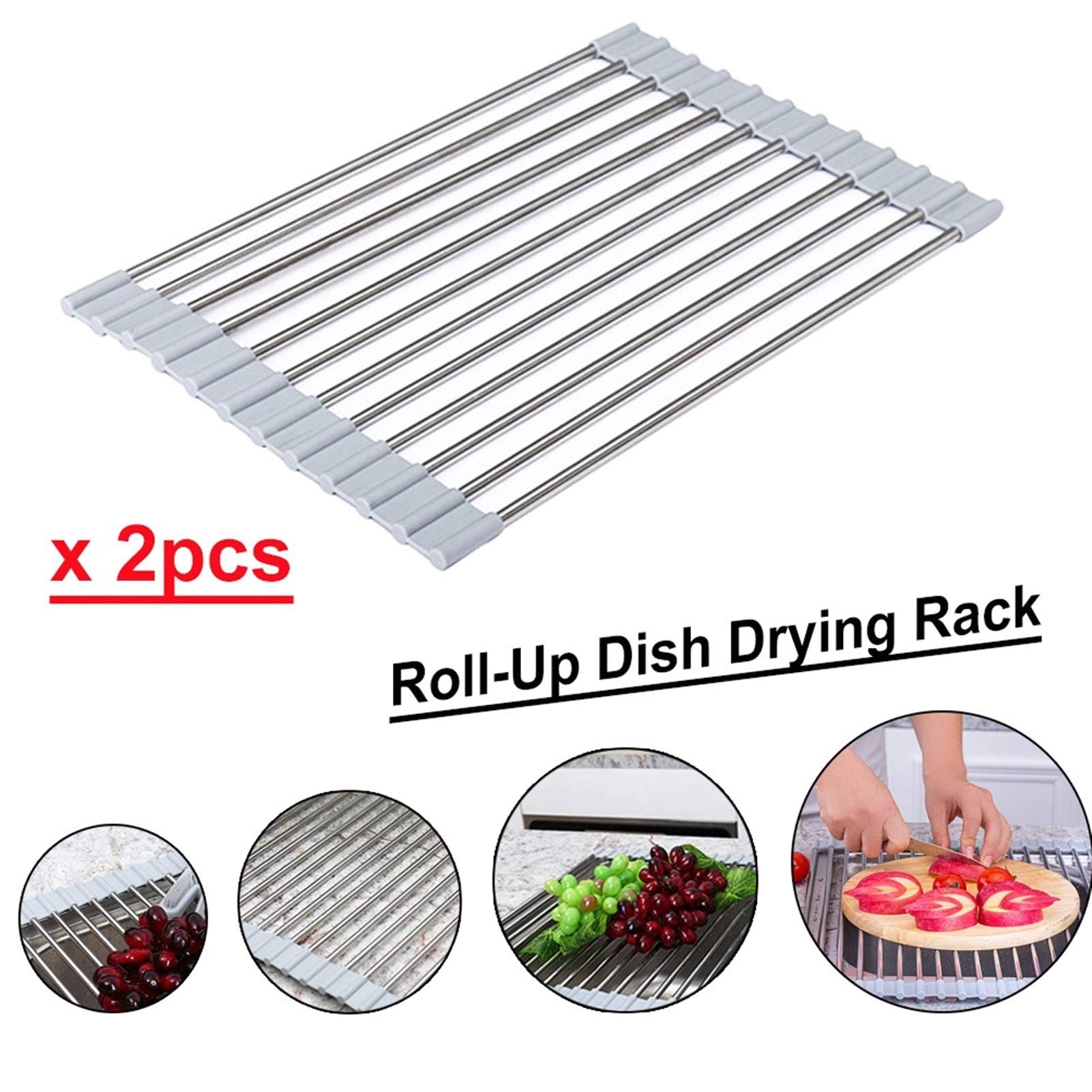 Escurridor de Platos, Rejilla for secar Platos Enrollable, Llantas Plegables de Silicona Acero Inoxidable, Fregadero Cocina Gris Varios tamaños | 22*42cm