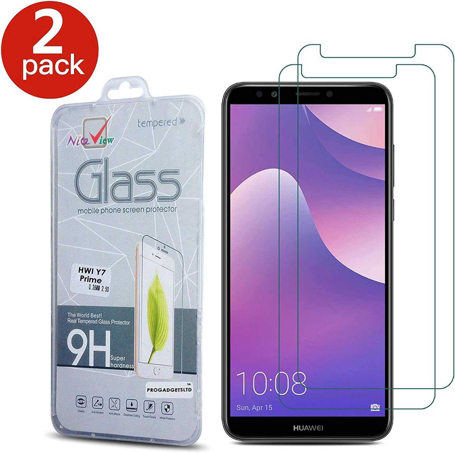 [2 Pack] Huawei Y7 2018 Screen Protector, Gorilla Tempered Glass Screen Protector Shockproof Protective Shield LCD Film Guard [9H Hardness] [Scratch-Resistant] for Huawei Y7 Prime (2018) / Y7 (2018)