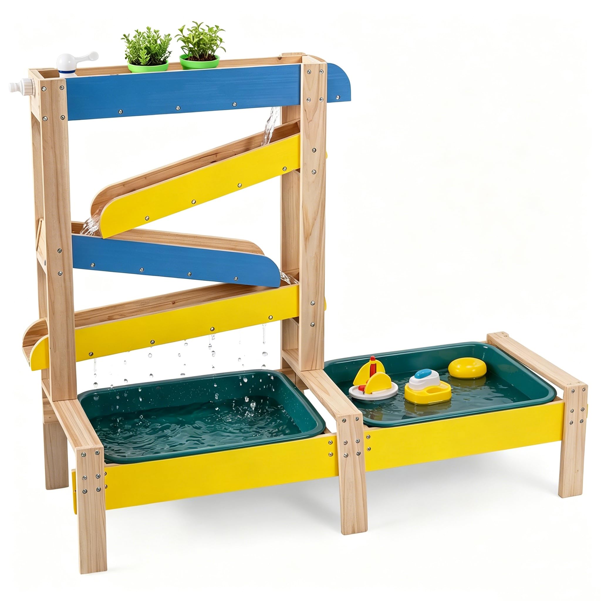 HOMASIS Tavolo Gioco Legno con Sabbia e Acqua per Bambini 3+ Anni | 2 Vasche Acqua, 2 Vasi per Piante, Barchette a Vela, Rubinetto e Sottomarino Giocattolo, Dimensioni 92 x 35 x 79,5 cm