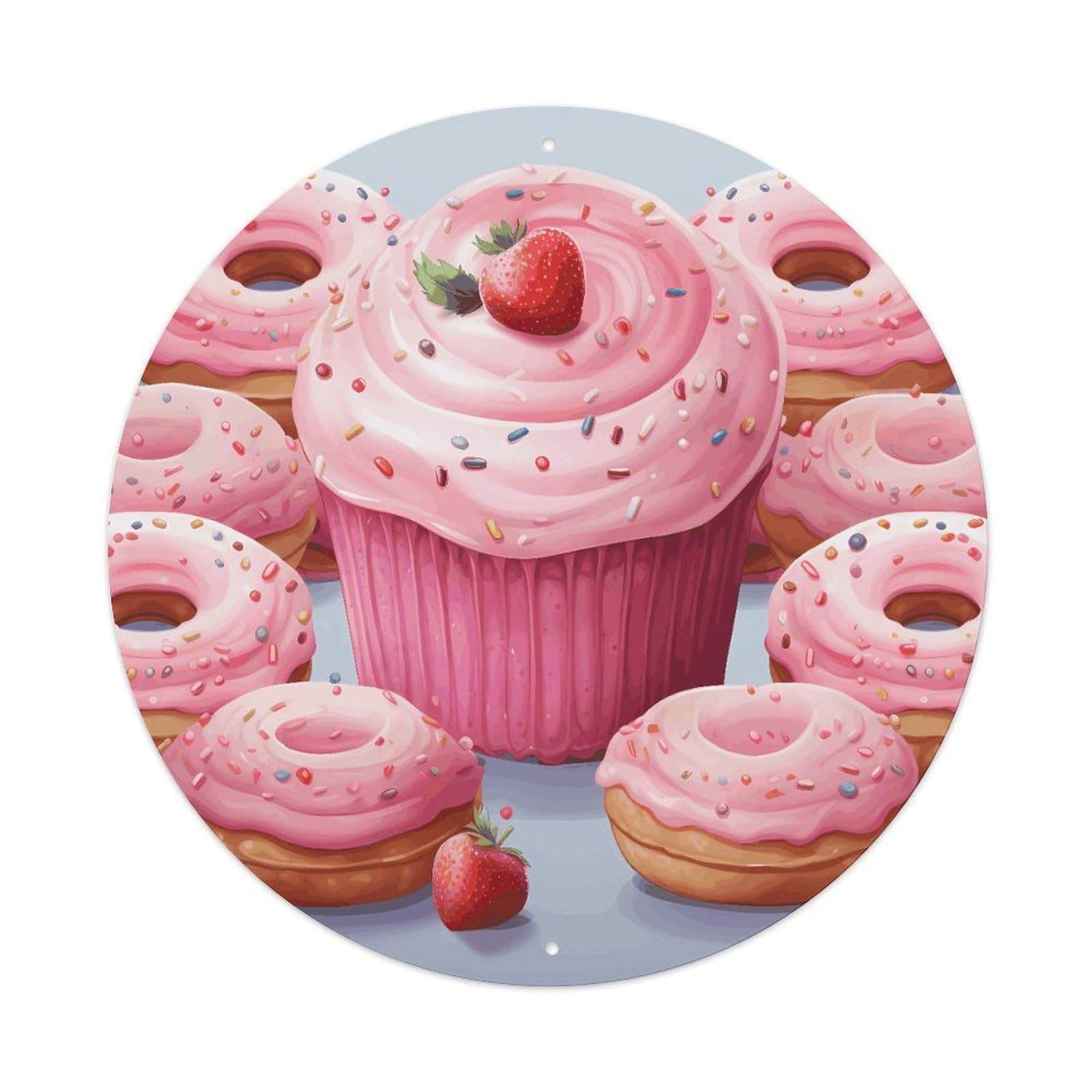 LZQPOEAS Pink Donut And Cupcake Round Aluminum Wall Art Sign, Metal Indoor Wall Decor with Holes, Durable Circular Aluminum Plaque for Home, Bar, Cafe, Living Room, And Office Decoration