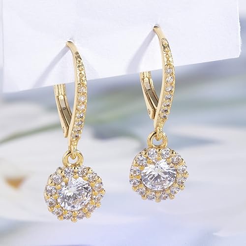Miniatura 3 de Aretes colgantes de circonita cúbica para mujer, aretes colgantes redondos de circonita cúbica para regalo de boda