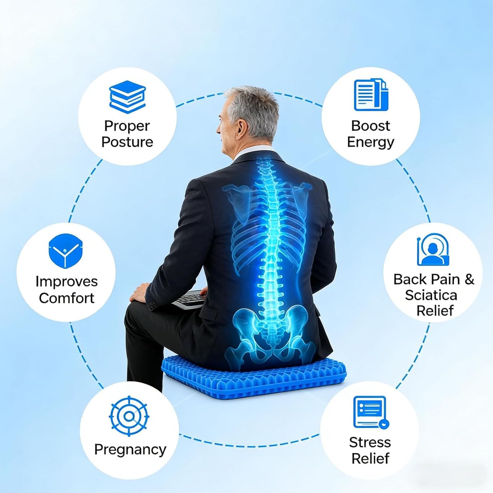 Cojín de asiento de gel para mayor comodidad y apoyo, diseño de panal transpirable, funda antideslizante, ideal para juegos, oficina, coche y silla de ruedas