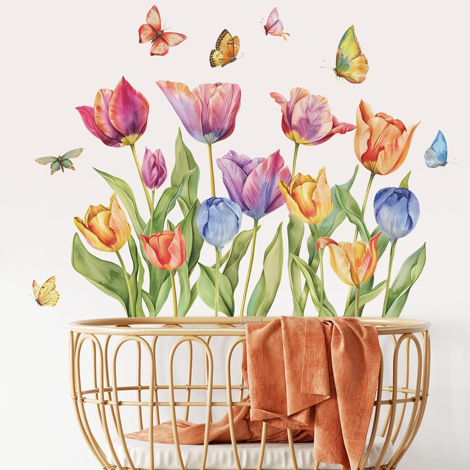 2 Sheets Removable Colorful Flowers Wall Decal Large Tulip Flowers Wall Decals DIY Vinyl Self Adhesive Watercolor Butterfly Wall Mural for Girls Bedroom Living Room TV Wall Art Decor