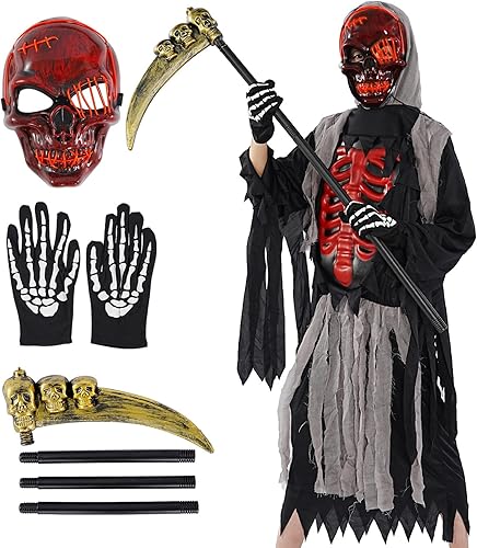 Miniatura 8 de Conjunto de disfraz de parca de Halloween, máscara de calavera LED, capa andrajosa, guantes de esqueleto, guadaña de calavera Rojo -,Negro
