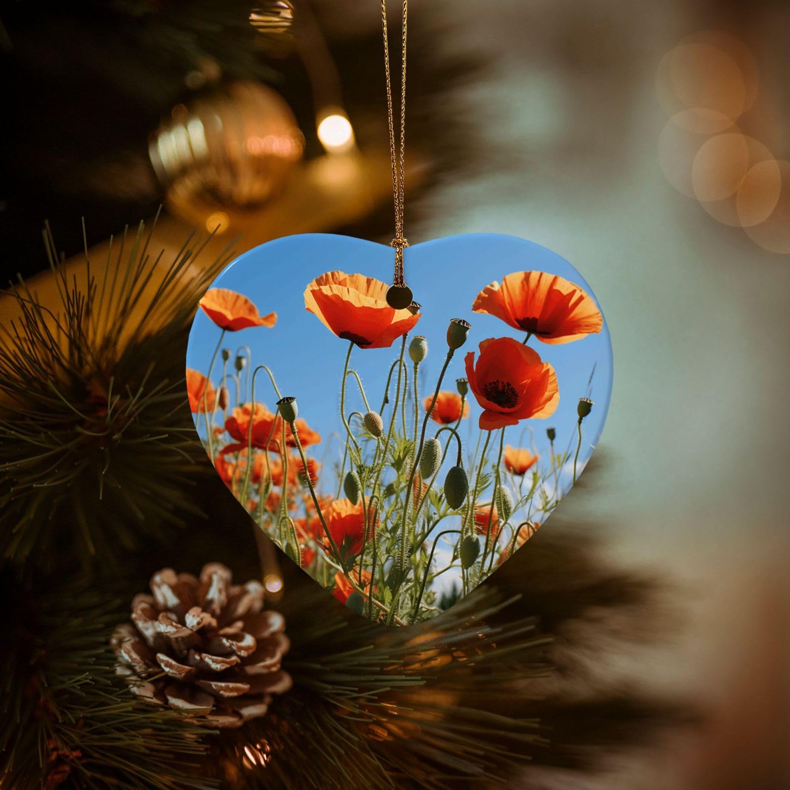 Christmas Ornaments for Christmas Tree Decoration Hanging Poppies on Blue Sky Ornament with Gold Ribbon Crafts Heart Shape Ceramic Pendant for Keepsake Gifts Xmas Decor Party Supplies