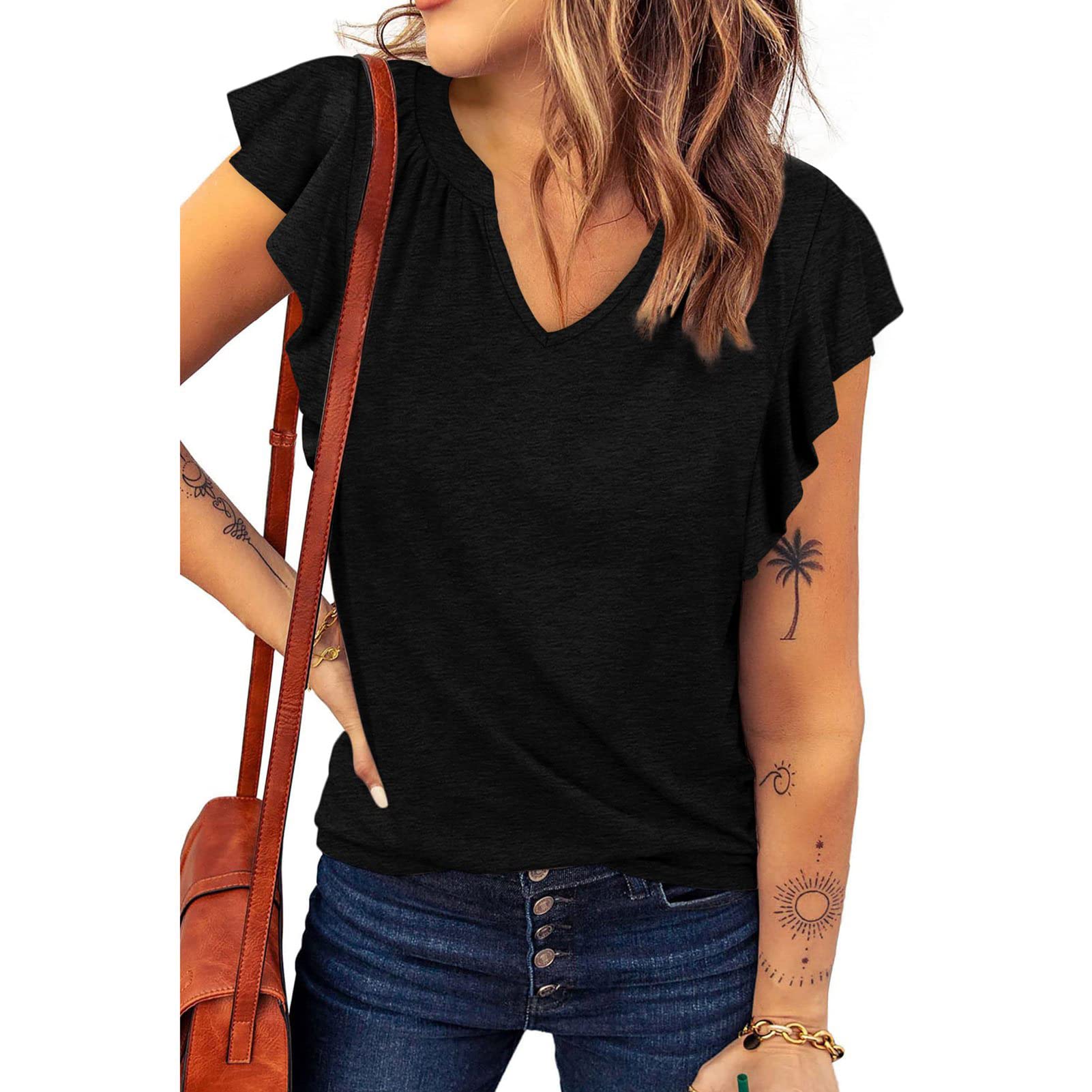 ANGGREK Mujer Casual Cuello en V Volantes Mangas Alas Camiseta sin Mangas de Verano Sexy Blusa Suelta Talla Grande Camiseta sin Mangas
