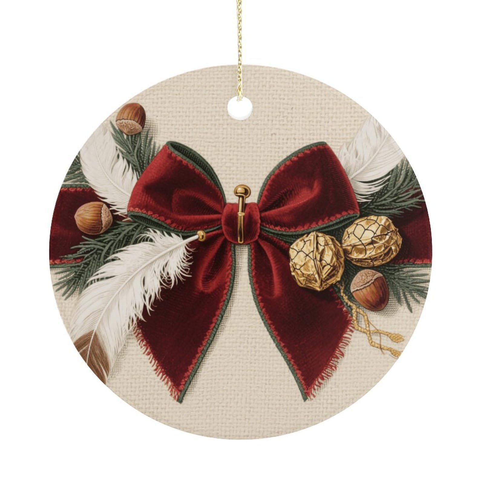 Personalized Christmas Ornaments 2025 Ceramic Hanging Christmas Bow Ornaments with Gold String Double-Sided Vintage Holiday Decorations for Tree Mantel Tabletop Xmas Party Favors