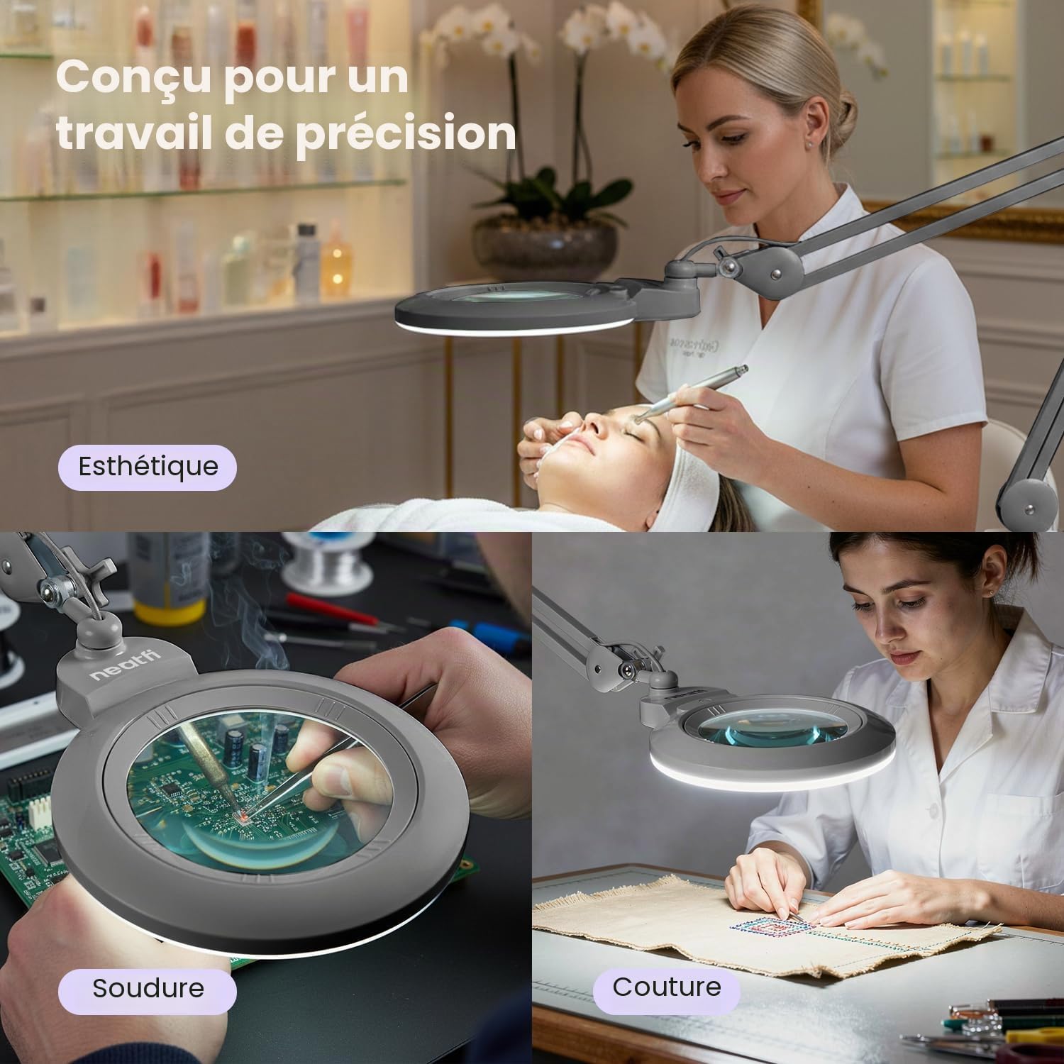 Neatfi XL Lampe Loupe LED Bifocale, Lentille Acrylique de 18 cm (7 po), Intensité Réglable | Bras Ajustable, Travail de Précision Mains Libres | Loisirs Créatifs (Argenté, lentille de 18 cm)