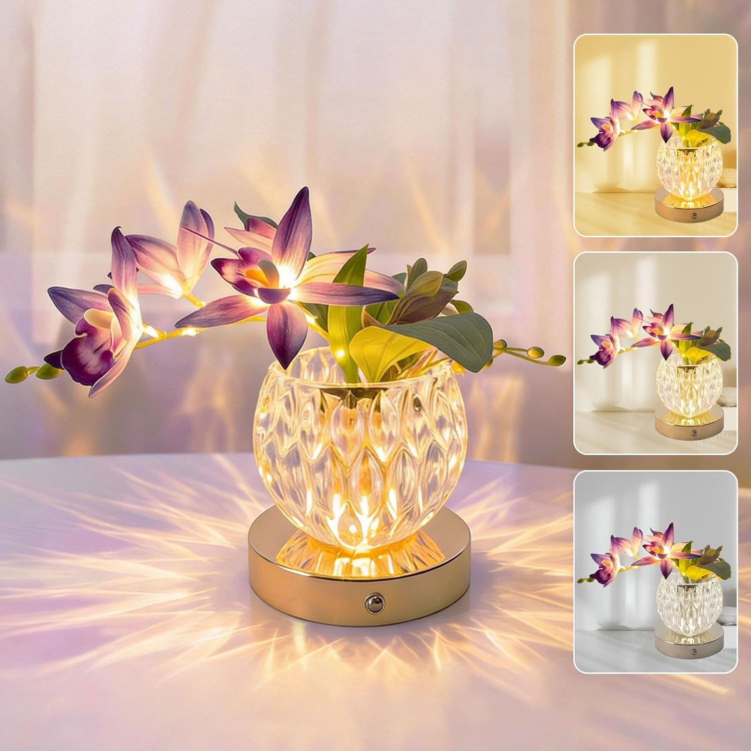Wekity Flower Flower Lamps, 3 Colors Dimmable Orchid Glass Night Light, Rechargeable Cordless Small Table Lamp for Date Party Home Decoration (Purple-Ivory Orchid)