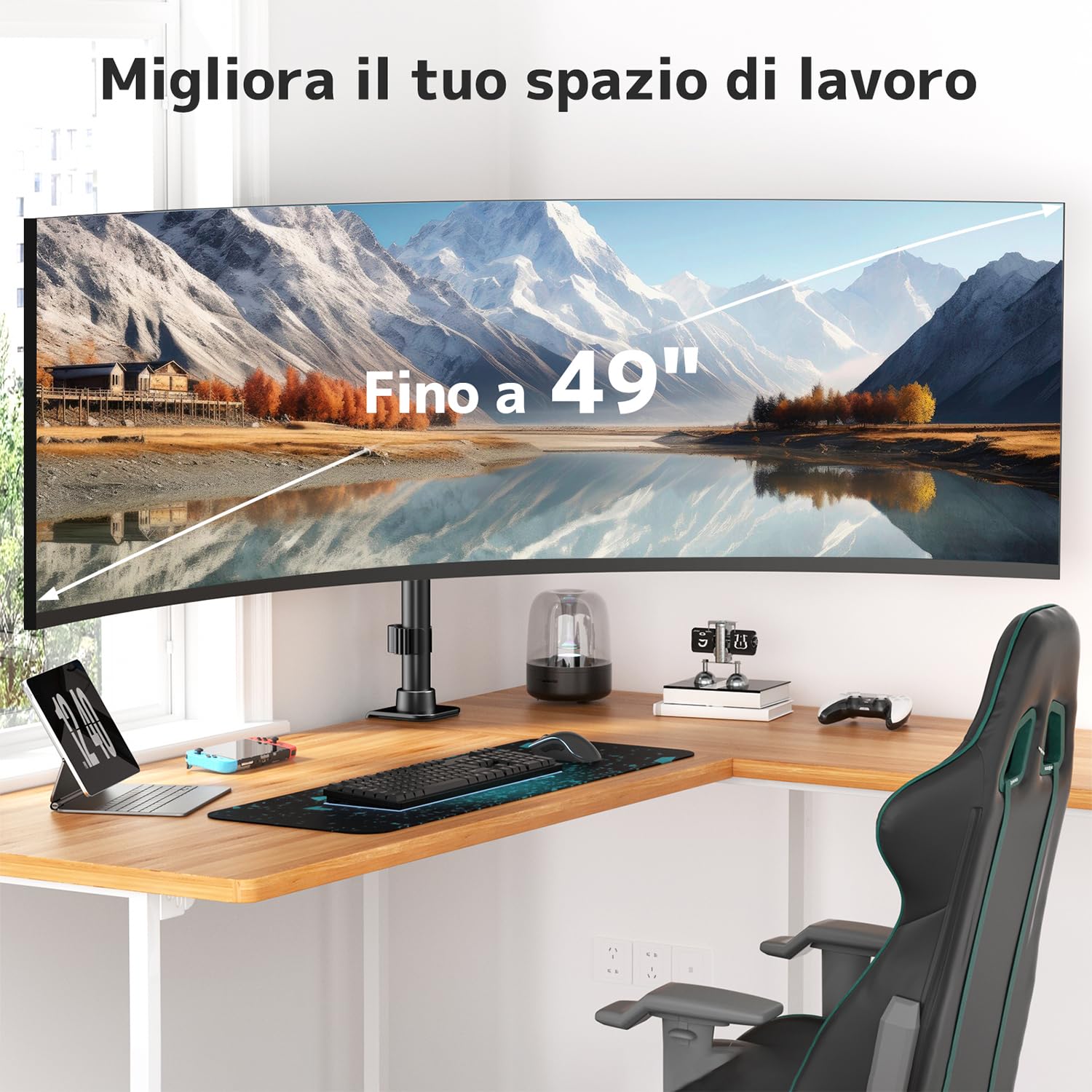 Braccio ultrawide per schermi 17-49 pollici, movimento completo | Acciaio premium, allineamento preciso, gestione cavi, 20 kg per braccio, VESA 75/100, Nero