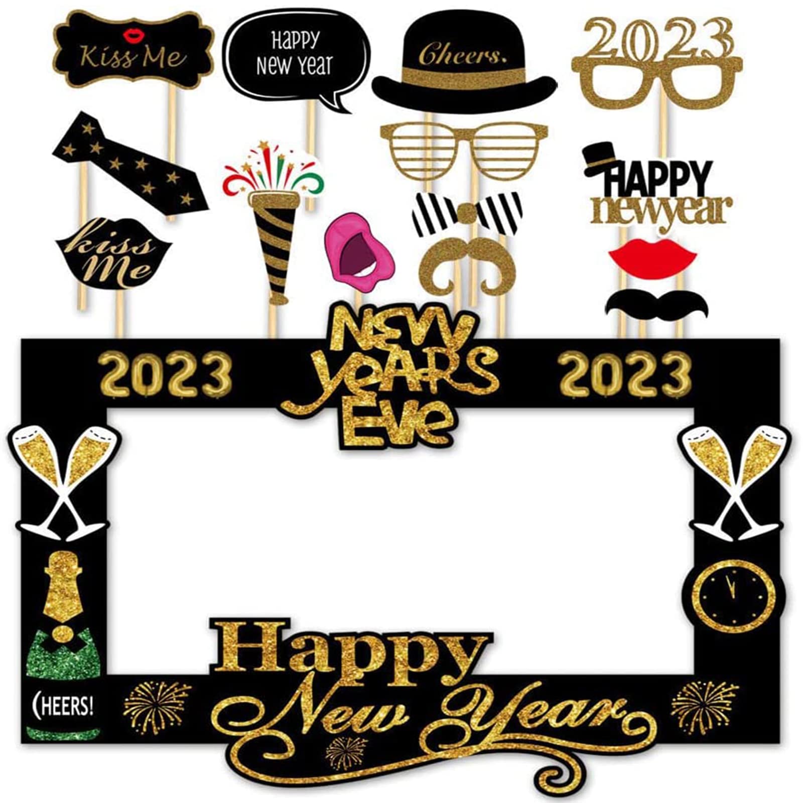 2024 New Years Eve Photo Booth Props Party Supplies 2024 Decorations with Photo Frame (Pack of 15 Pcs)