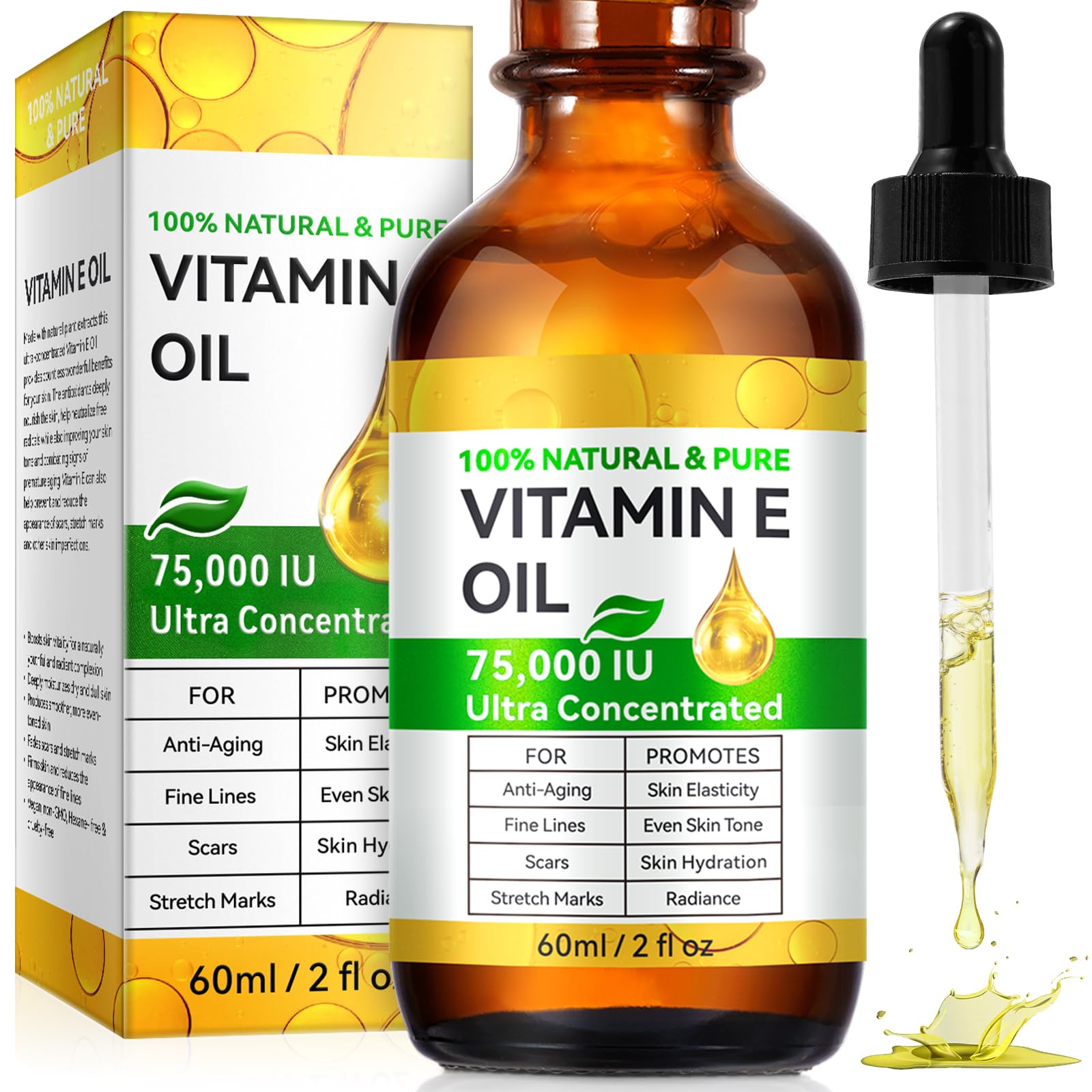 Vitamin E-Öl 75.000 IE – Natürlich Für Haut, Haar, Wimpern, 60 Ml, Hexanfrei