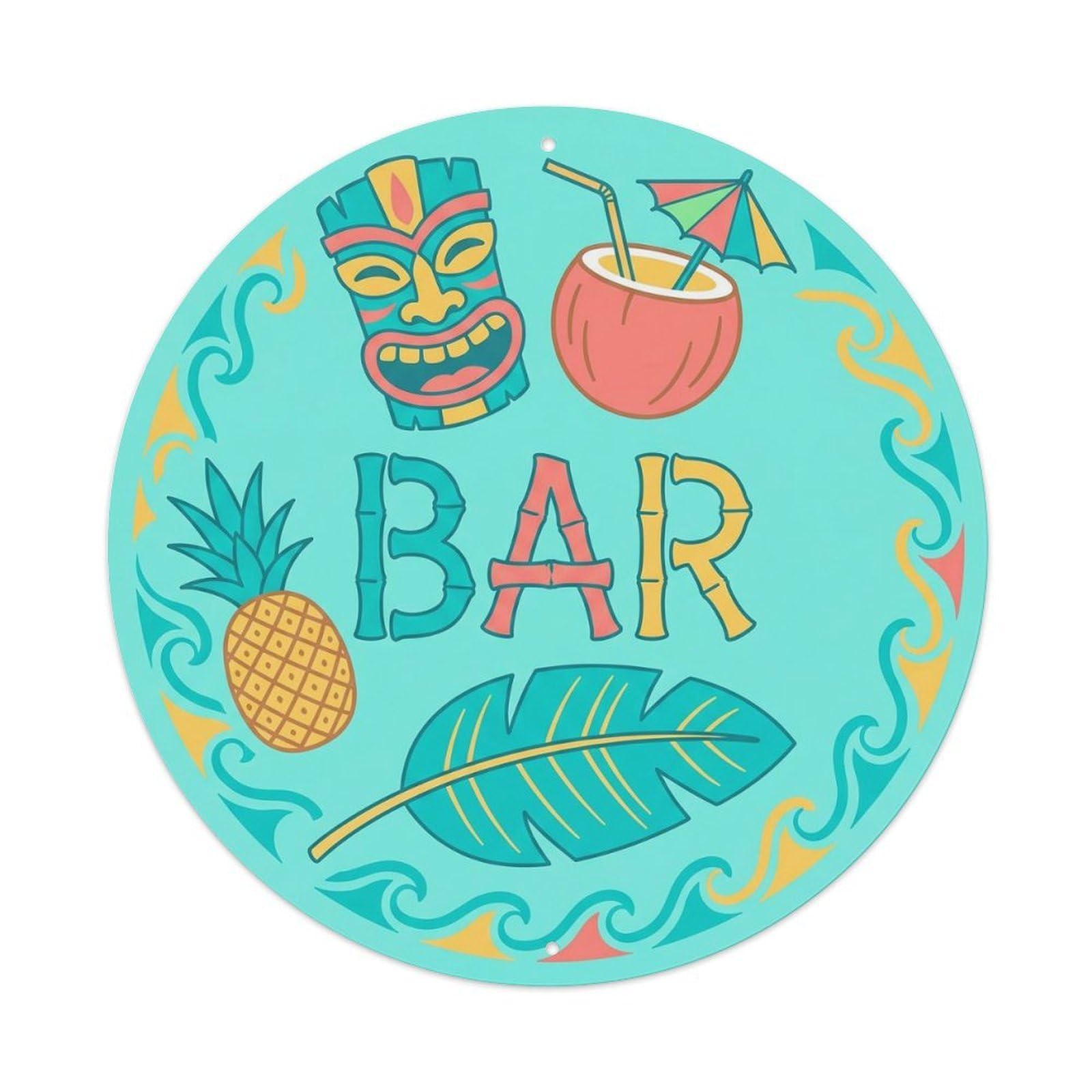 Vintage BAR Tropical Beach Ornament Metal Tin Sign Plaque Wall Decor for Cafe, Club, Garden Round Metal Poster 8x8Inch