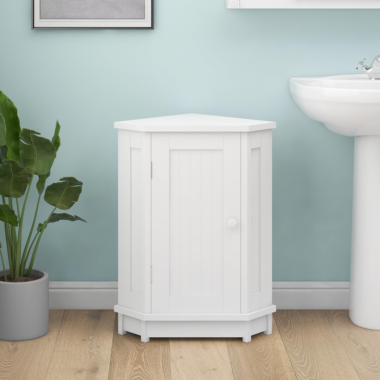 Corner Storage Cabinet with Door and Adjustable Shelf, Small Floor Cupboard Organizer for Kitchen, Living Room or Bathroom, White