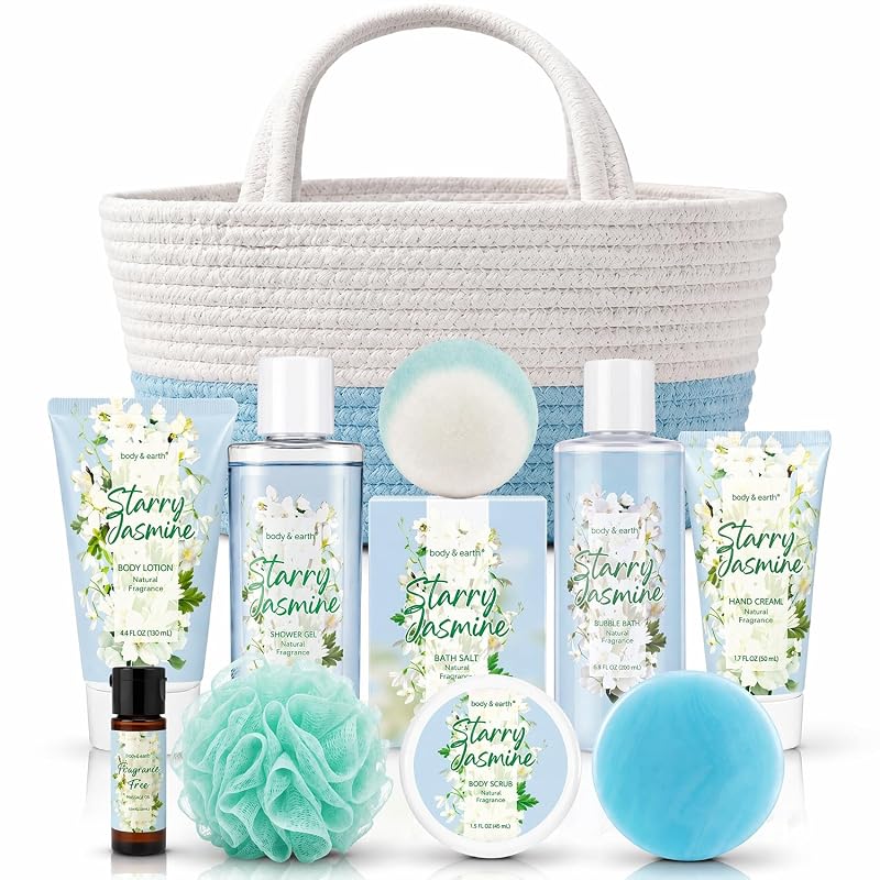 BODY & EARTH Conjunto para Banho com 11 Peças, Fragrância de Jasmim e Bolsa Reutilizável