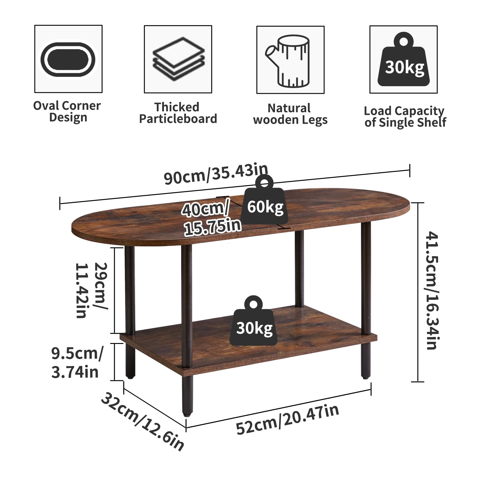 Mesa de centro rústica pequeña, mesa de centro de TV de 35 x 16 x 17 pulgadas, mesa de té ovalada de madera de 2 niveles para sala de estar, apartamento, marrón rústico YD-012H 3