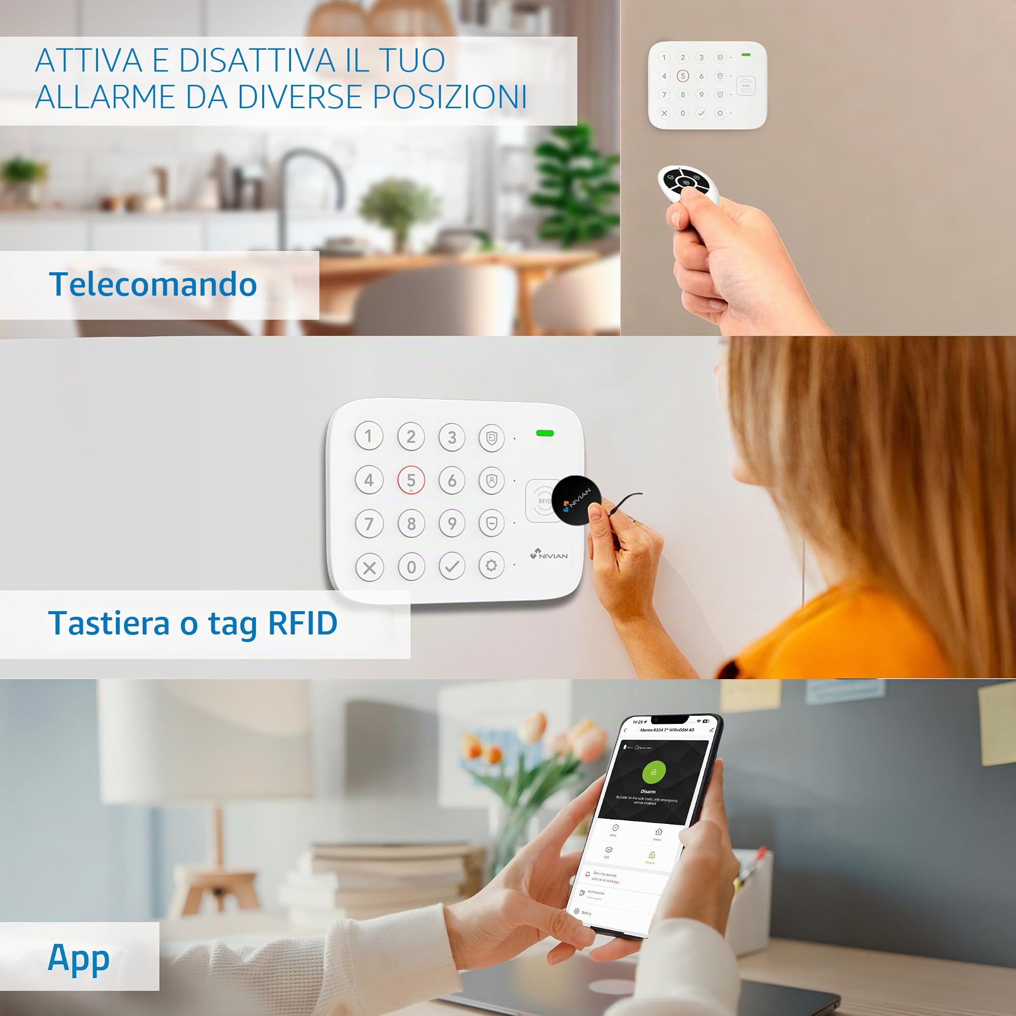 Nivian Sistema di Allarme WiFi con Tastiera e RFID – Kit Antifurto Wireless per Casa o Ufficio – Connessione WiFi, App Tuya, Sensore di Movimento e Porta, Sirena Integrata, Telecomando e 2 Tag RFID
