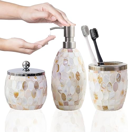 Escenzy Juego de accesorios de baño de concha natural, 3 piezas, dispensador de jabón de vidrio, soporte para cepillos de dientes, tarro de algodón,