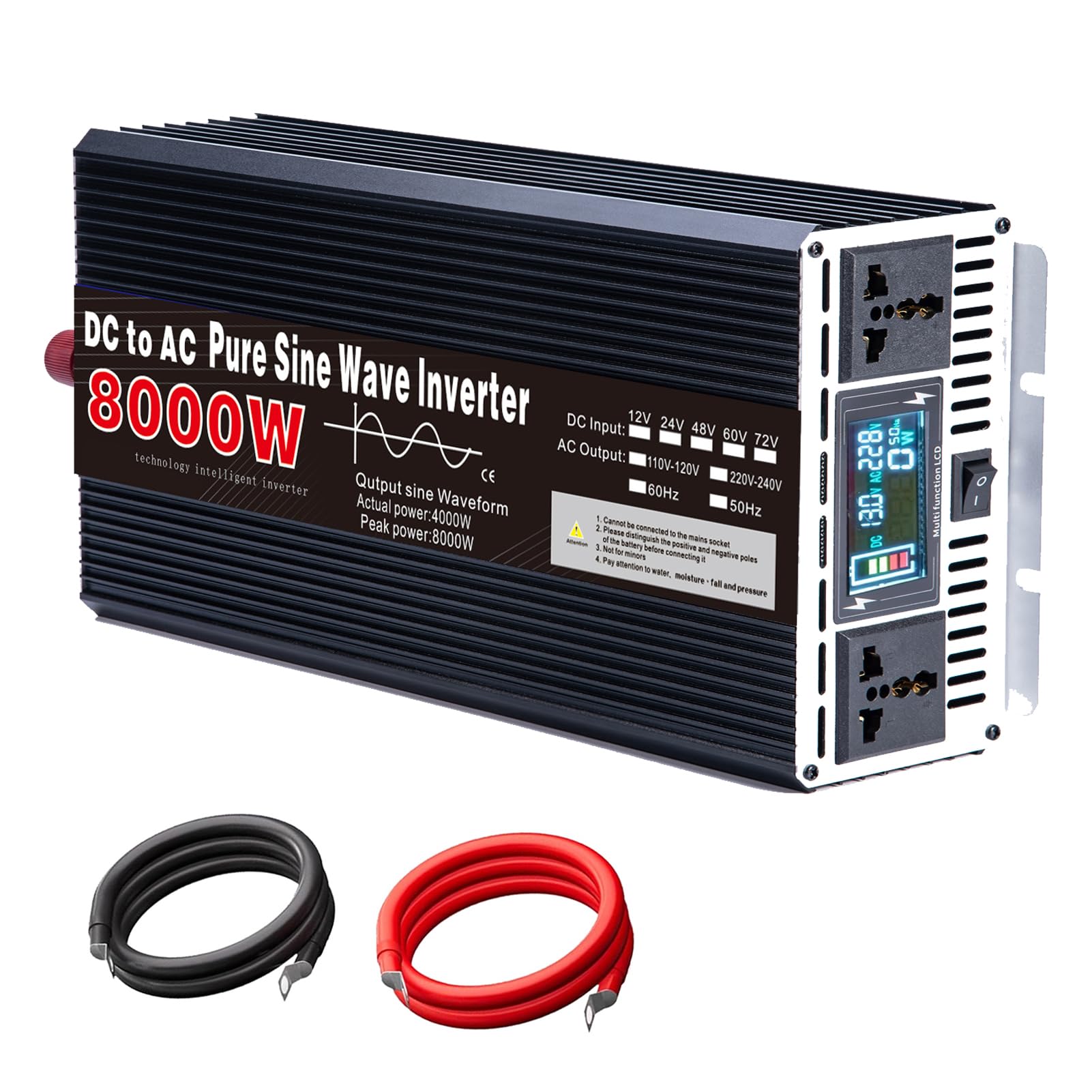 Przemysłowy Falownik Sinusoidalny o Mocy 8000W, DC 12V 24V 48V 60V 72V do 120V 230V AC, Konwerter Zasilania Samochodowego z 2 Gniazdami AC do Urządzeń Elektronicznych i Zasilania Awa(Size:72v to 110v)
