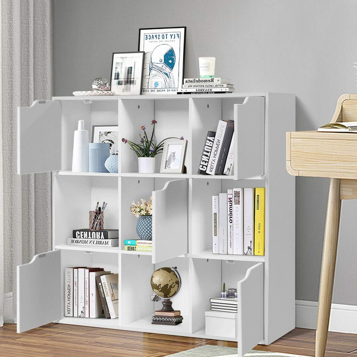 DORTALA 9-Cube Storage Organizer Cabinet w/Doors, Compartment Display Unit w/ 4 Open Cubes & 5 Cabinets for Home Office, 3-Tier Bookshelf for Books, Toys & Decorations, 9 Cubes