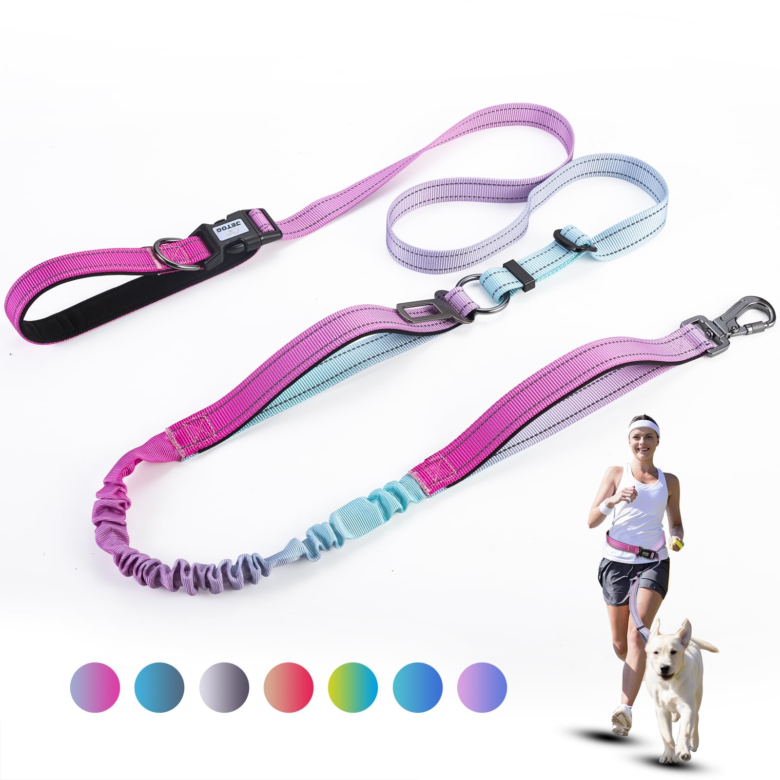 JETOG Heavy Duty Hands Free Dog Leash, 5-7 FT Reflective Adjustable Waist Dog Leash Belt with Padded Handles, Shock Absorbing Bungee and Car Seat Belt