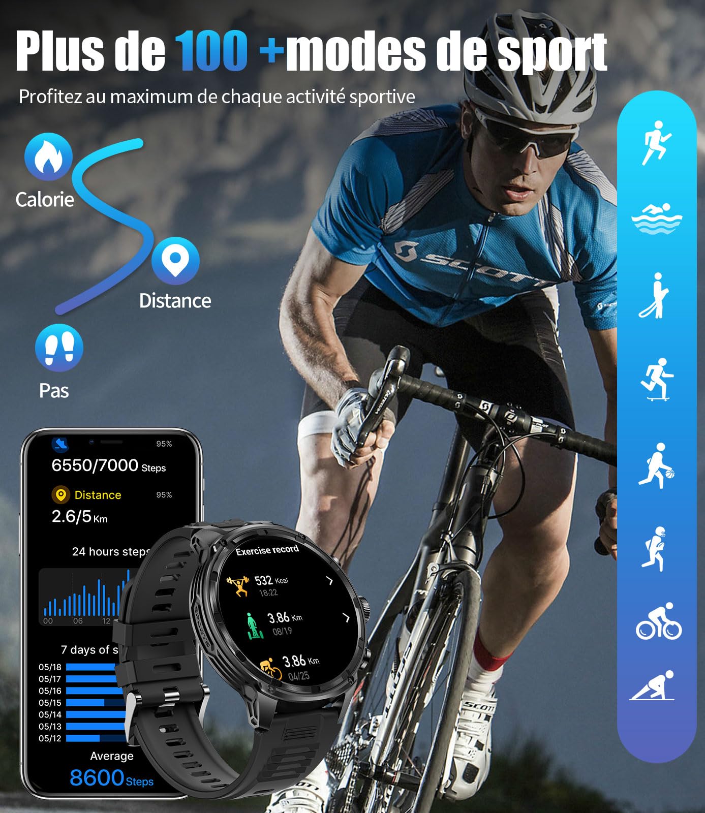 Montre Connectée Homme, Smartwatch Homme LED Lampe 1,85'' Écran HD Longue Autonomie, Montre Intelligente Santé Cardiaque Sommeil Tension Artérielle 120+ Modes Sportifs