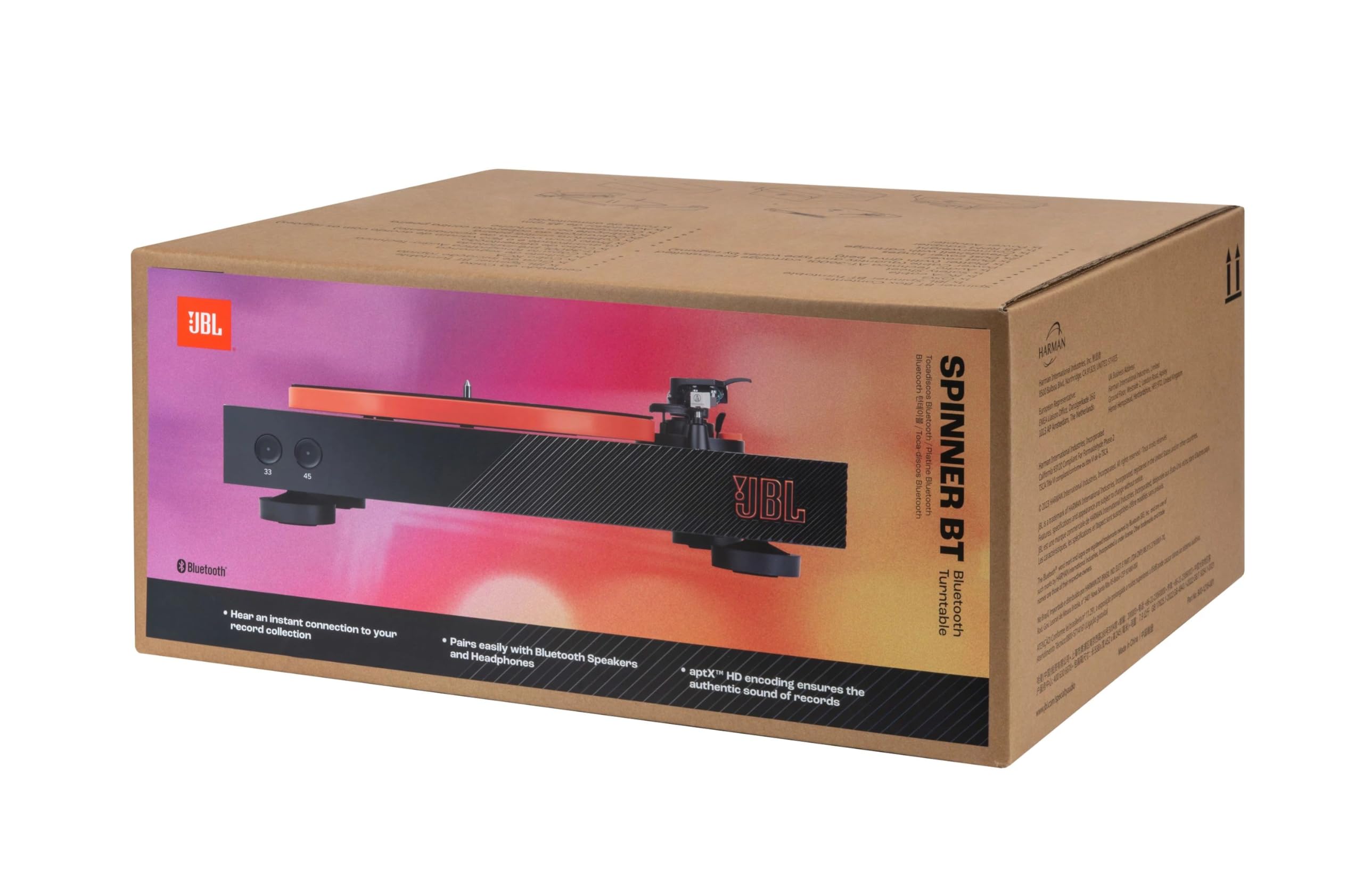 JBL Spinner BT, Giradischi Bluetooth con AptX-HD, Portatestina Rimovibile, Piatto in Alluminio con Trasmissione a Cinghia, Cartuccia Preinstallata con Magnete Mobile di Alta Qualità, Nero e Arancione