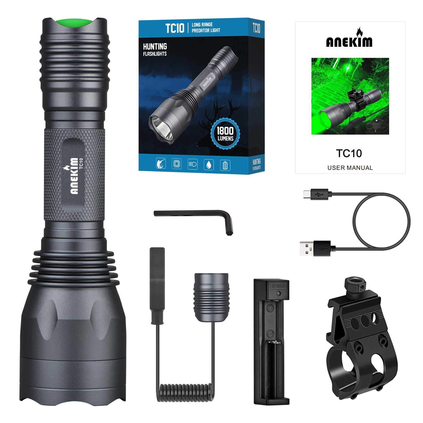 TC10 Kit de lampe de chasse, lumières vertes jusqu'à 1200 m, lampe de chasse haute puissance pour coyote, prédateur, Varmint, Coon & Hog - Éclairage 1600 lumens 1200 m
