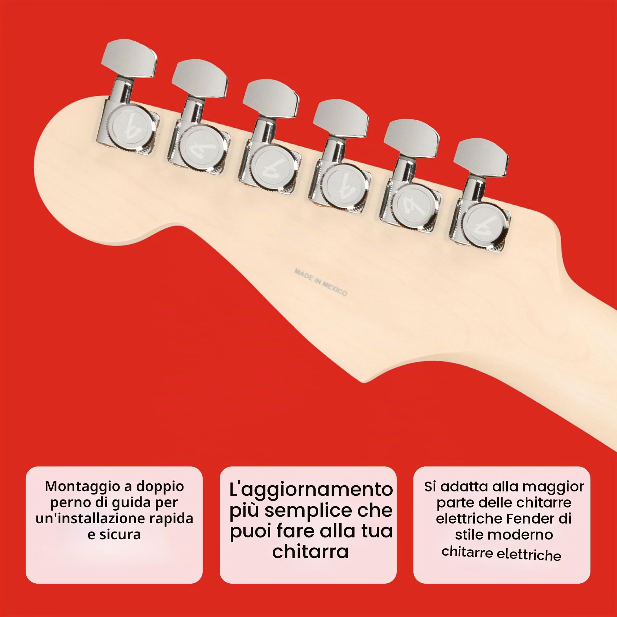 Fender Meccaniche Autobloccanti per Chitarra, Set da 6, Cromate, Stratocaster e Telecaster, Stile Moderno, Altezza Scalata, Accessori Inclusi