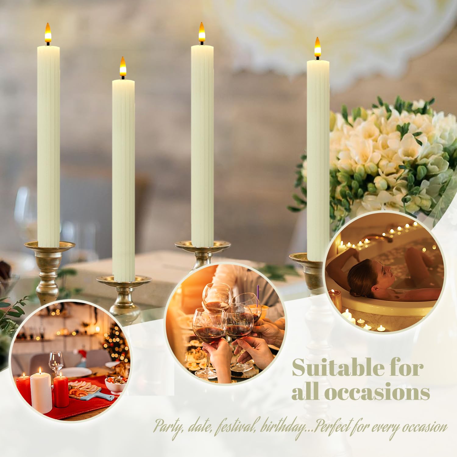 Lot de 6 bougies coniques cannelées rainurées sans flamme, blanc ivoire, 24 cm, bougies vacillantes avec télécommande et minuteur, bougies LED en cire véritable à piles pour fête de mariage