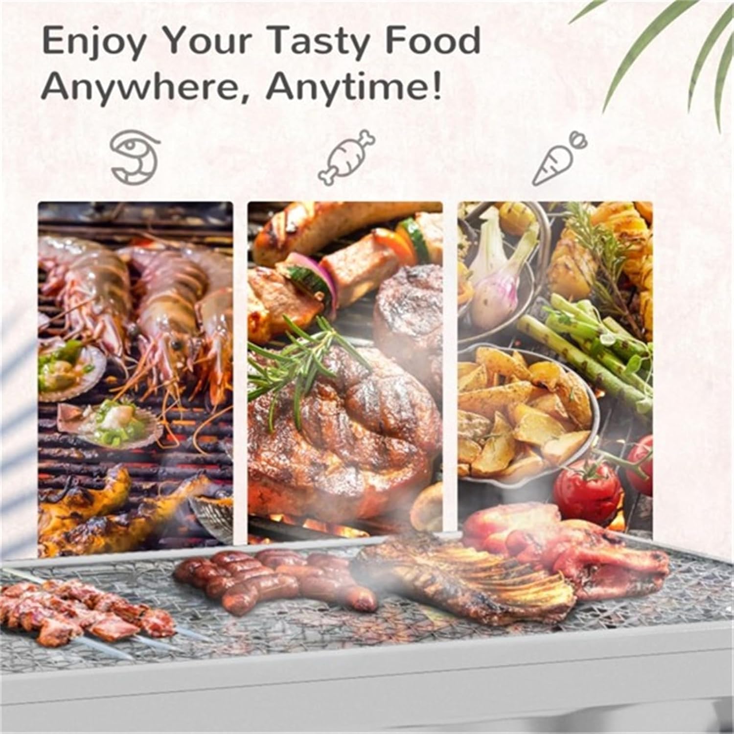 Barbecue Grill, Outdoor Grill, Portable Charcoal Grill, Foldable Legs, with Thermometer, 2 Vents, Tongs and Handles, Wire Mesh Panel, Suitable for Outdoor Camping, BBQ, Picnic, Silver