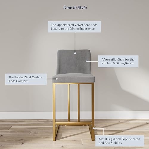 Miniatura 4 de BELLEZE Hutton - Juego de 2 taburetes de bar de 24 pulgadas, taburetes de bar tapizados con marco de metal dorado, sillas modernas de altura de