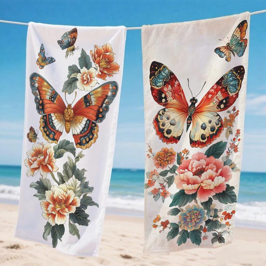 Ręcznik plażowy motyl duży 90 x 200 cm Zestaw 2 sztuk, kwiatowy ręcznik z mikrofibry chłonny szybkoschnący przeciw piaskowaniu prześcieradło plażowe z zapięciem na zatrzask do basenu, podróży, sauny