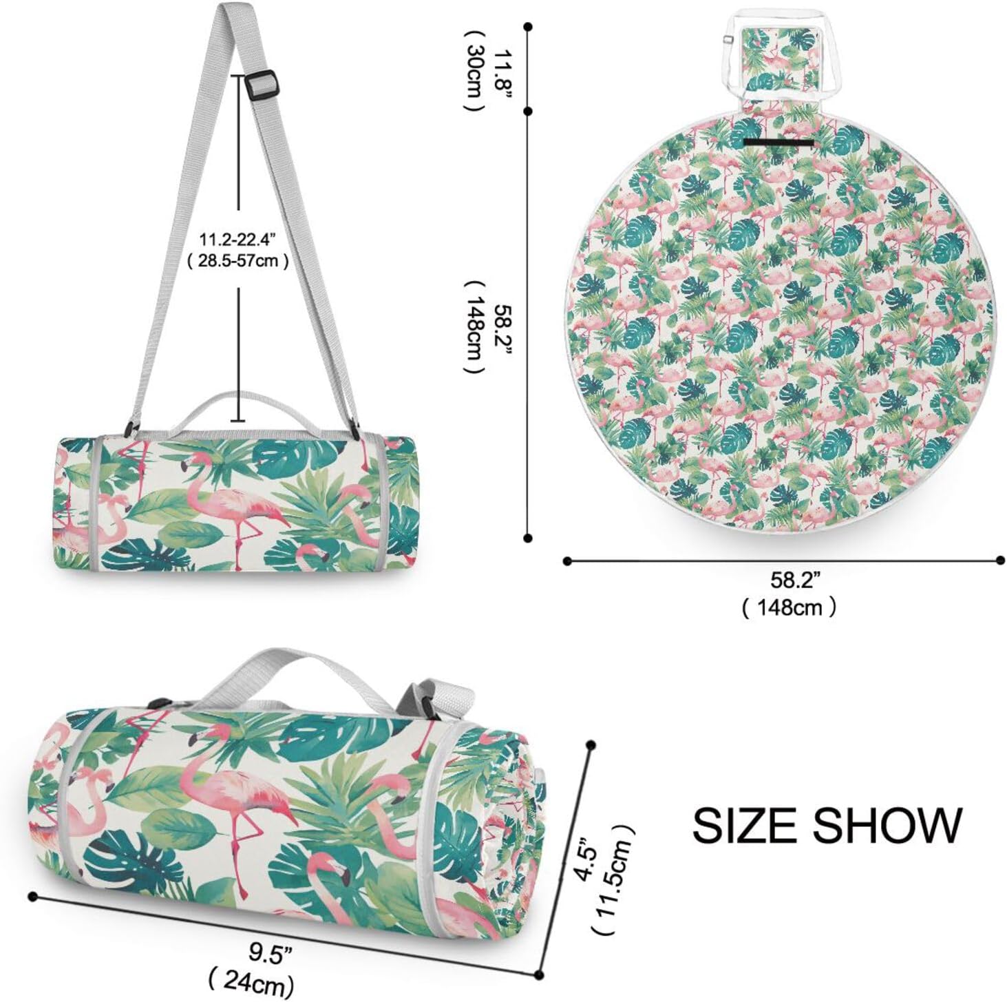 Round Camping Blanket - Fits 2 Adults, Summer Accessories Water Resistant Waterproof Blanket for Spring Summer Camping 58 in (Summer Flamingos)