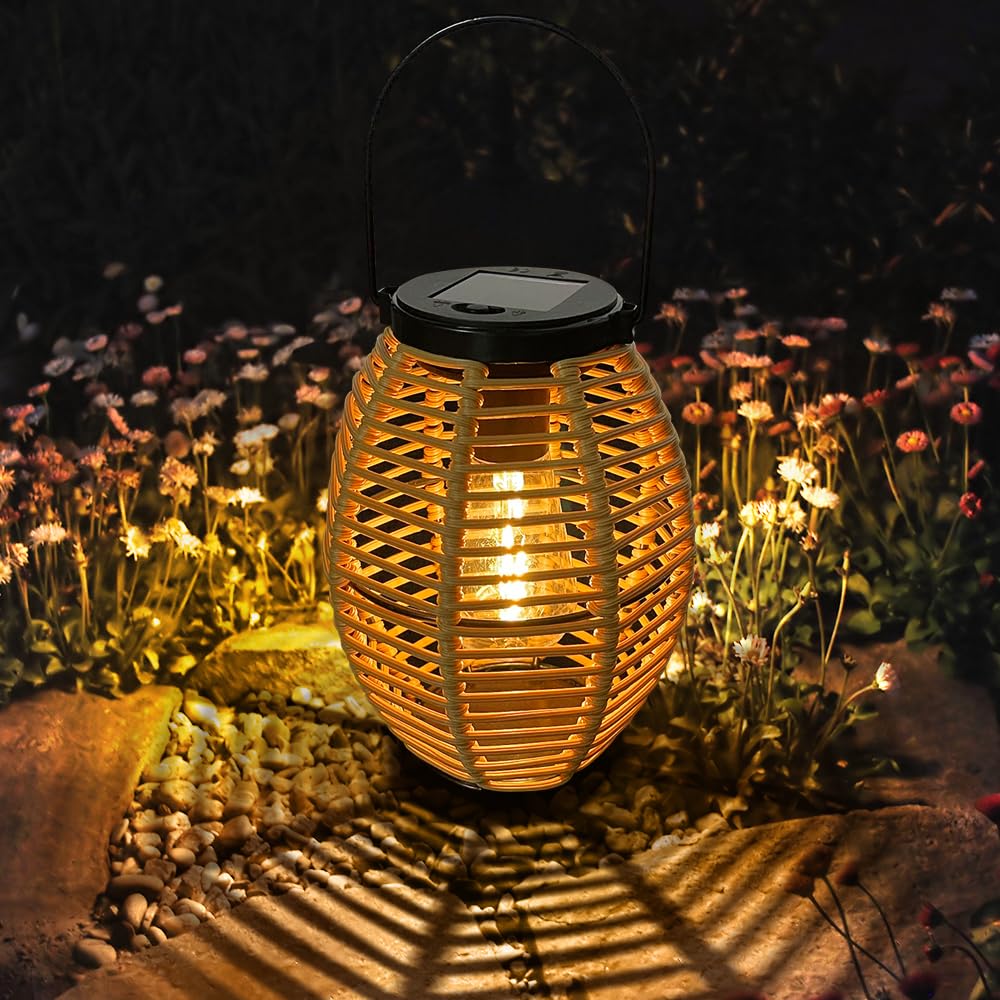 Bseical Lanterne Solaire Exterieur Jardin - 2 Rotin Lampe Solaire Exterieur, IP44 Étanche Lumiere Solaire Exterieur Lampadaire de Style Bohème, Suspendre/Perchées pour Table Cour Jardin Decoration